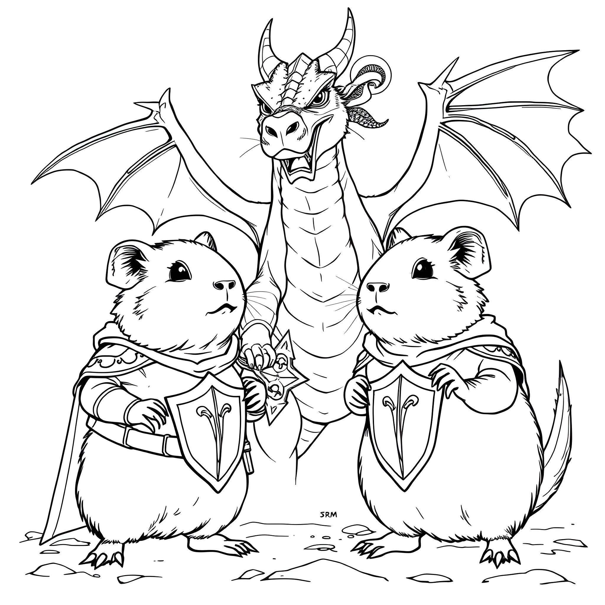 Guinea Pig Companions Facing a Fearsome Dragon Coloring Page (free black-and-white line drawing printable PDF for all, from beginners to advanced learners, including children, teens, adults, and seniors)
