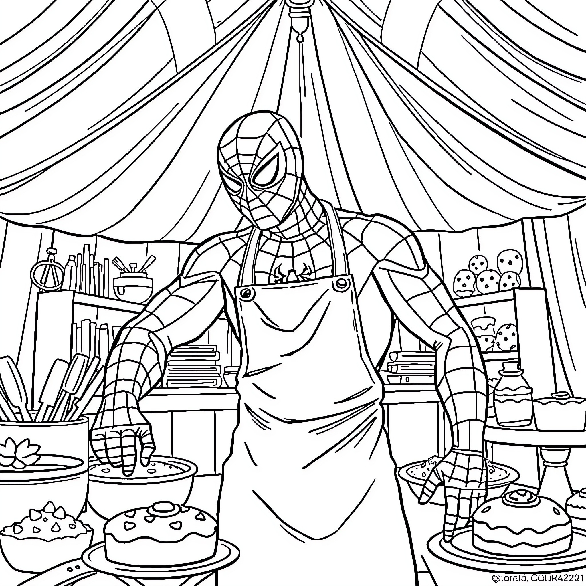 Spider-Man Cooking in Circus Tent Setting Coloring Page (free black-and-white line drawing printable PDF for all, from beginners to advanced learners, including children, teens, adults, and seniors)