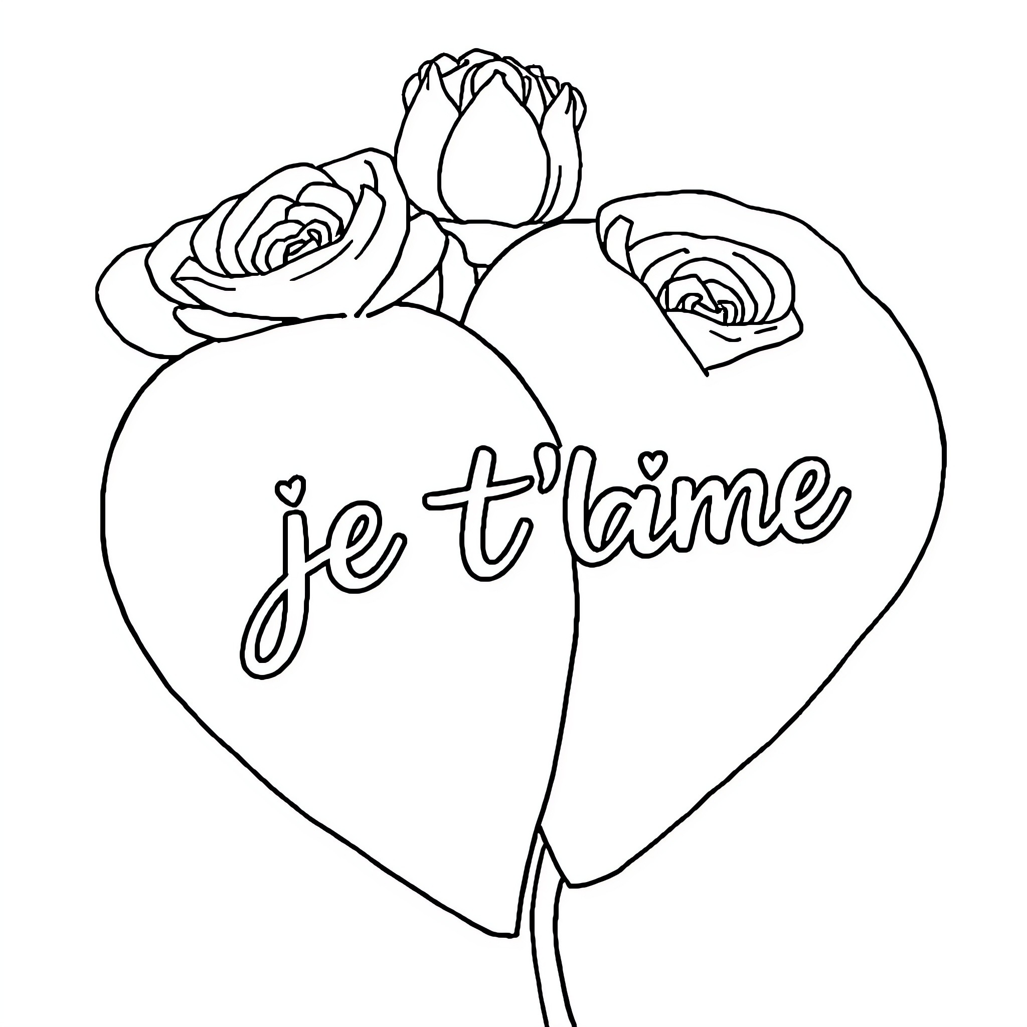 Heart-shaped with Roses and Affectionate Text Coloring Page (free black-and-white line drawing printable PDF for all, from beginners to advanced learners, including children, teens, adults, and seniors)