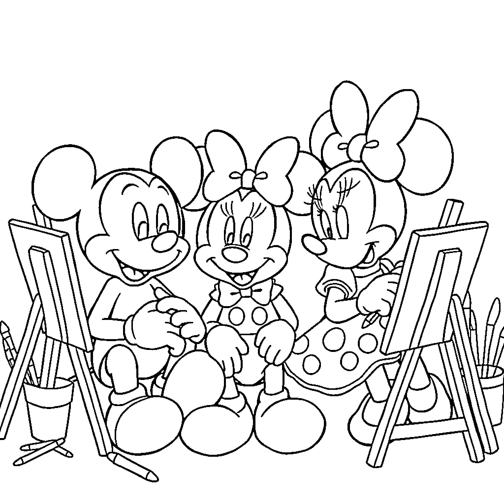Mickey Mouse, Minnie, and friends painting together Coloring Page (free black-and-white line drawing printable PDF for all, from beginners to advanced learners, including children, teens, adults, and seniors)