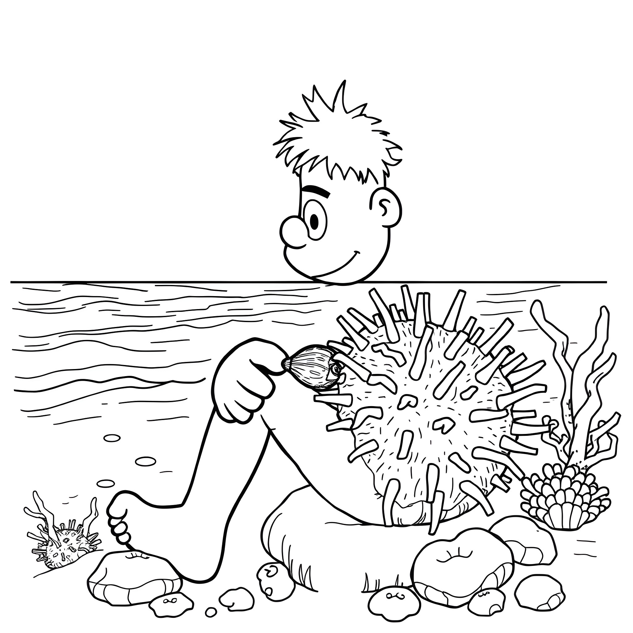 Sea Urchin exploring the underwater world Coloring Page (free black-and-white line drawing printable PDF for all, from beginners to advanced learners, including children, teens, adults, and seniors)