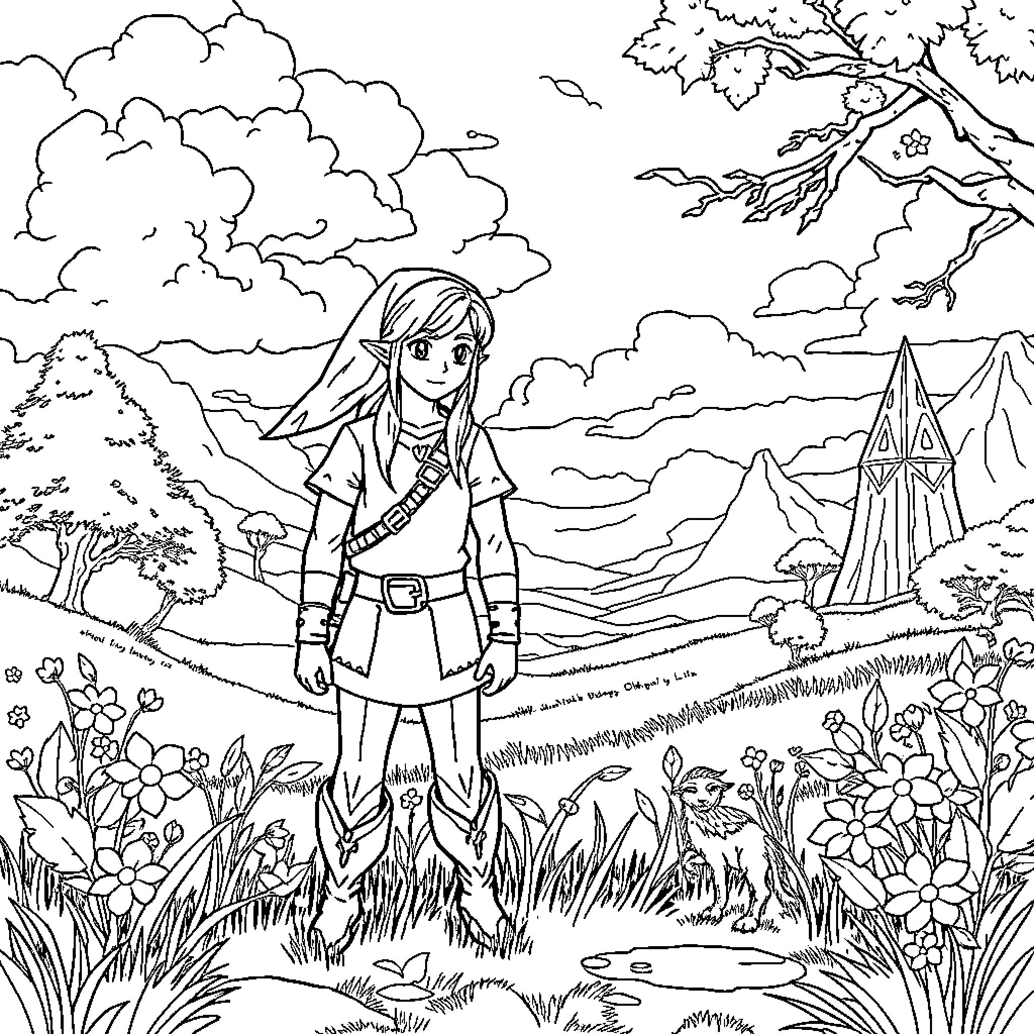 Zelda exploring the scenic wilderness Coloring Page (free black-and-white line drawing printable PDF for all, from beginners to advanced learners, including children, teens, adults, and seniors)