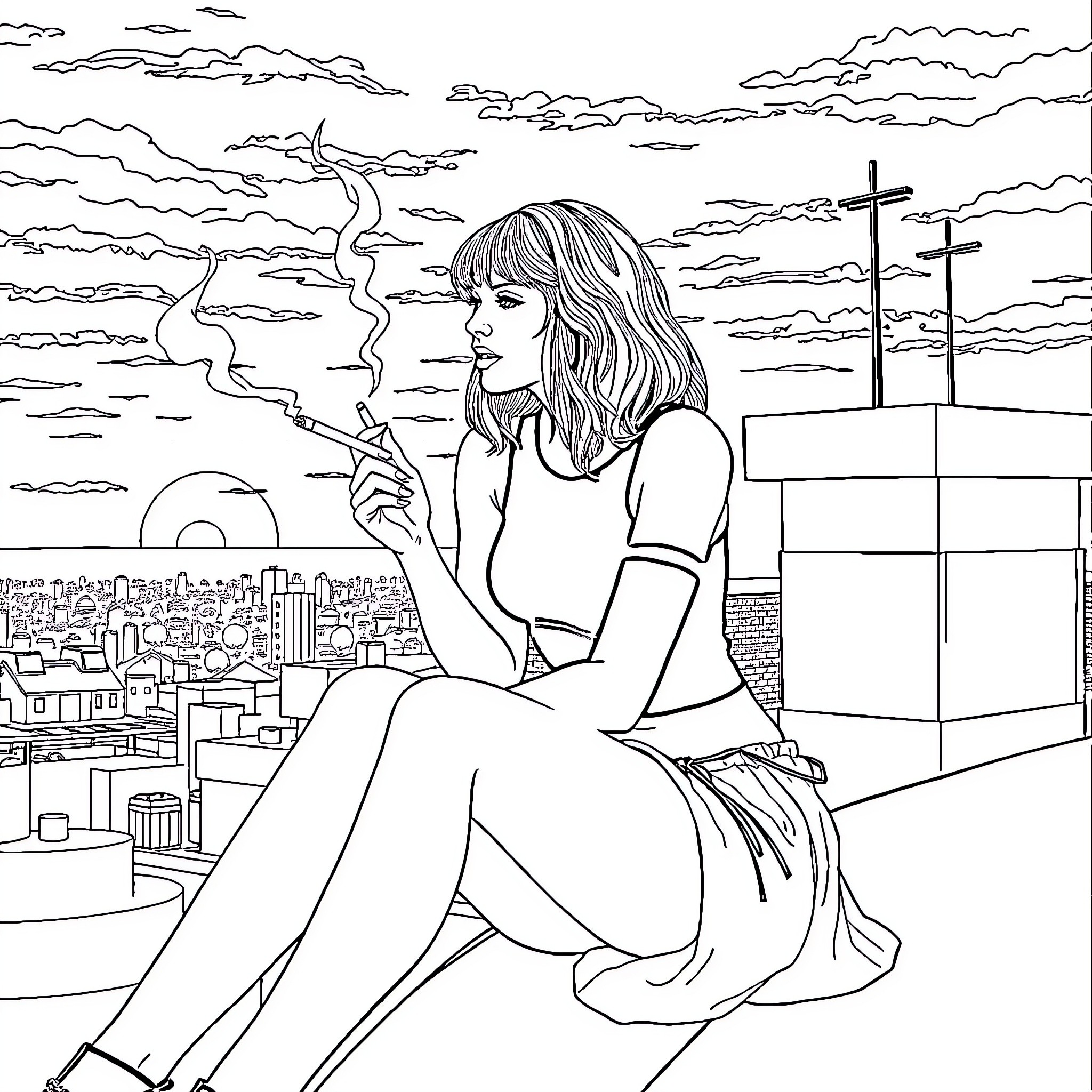 Taylor Swift contemplating in urban cityscape Coloring Page (free black-and-white line drawing printable PDF for all, from beginners to advanced learners, including children, teens, adults, and seniors)