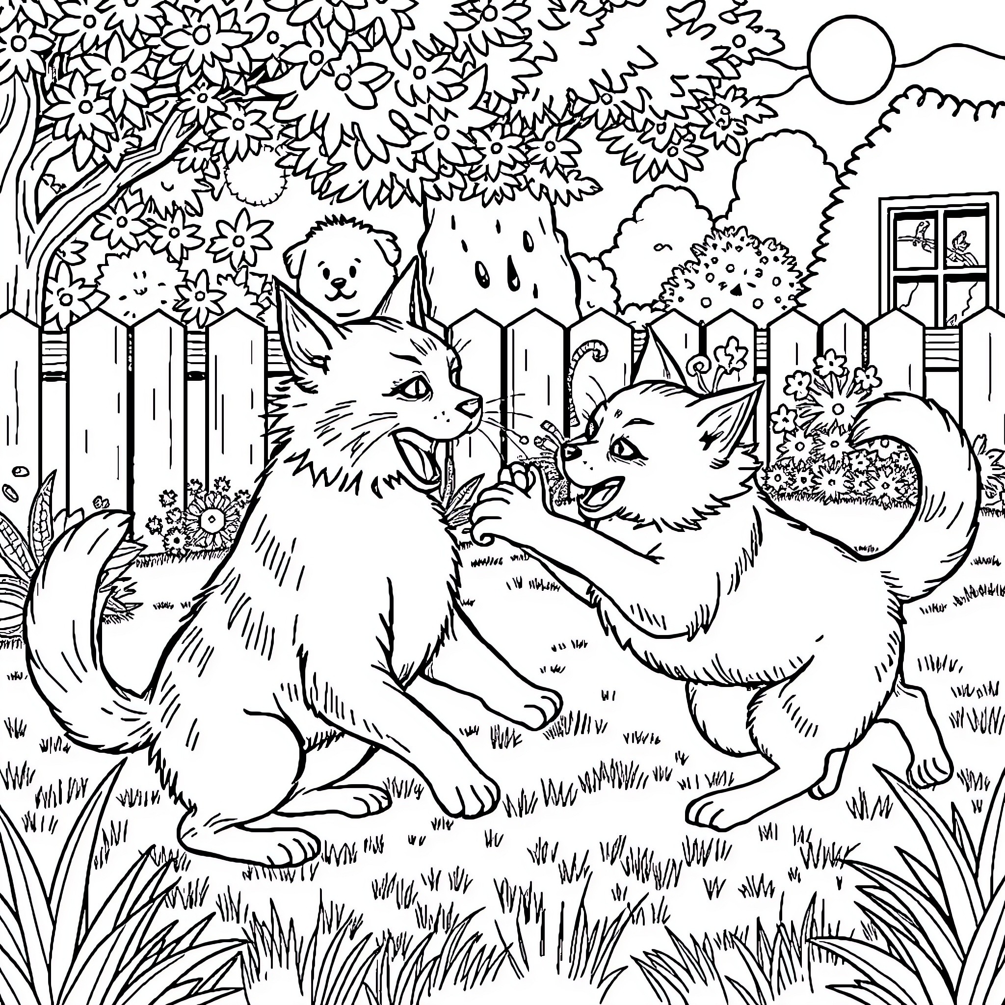 Cats playing together in the garden Coloring Page (free black-and-white line drawing printable PDF for all, from beginners to advanced learners, including children, teens, adults, and seniors)