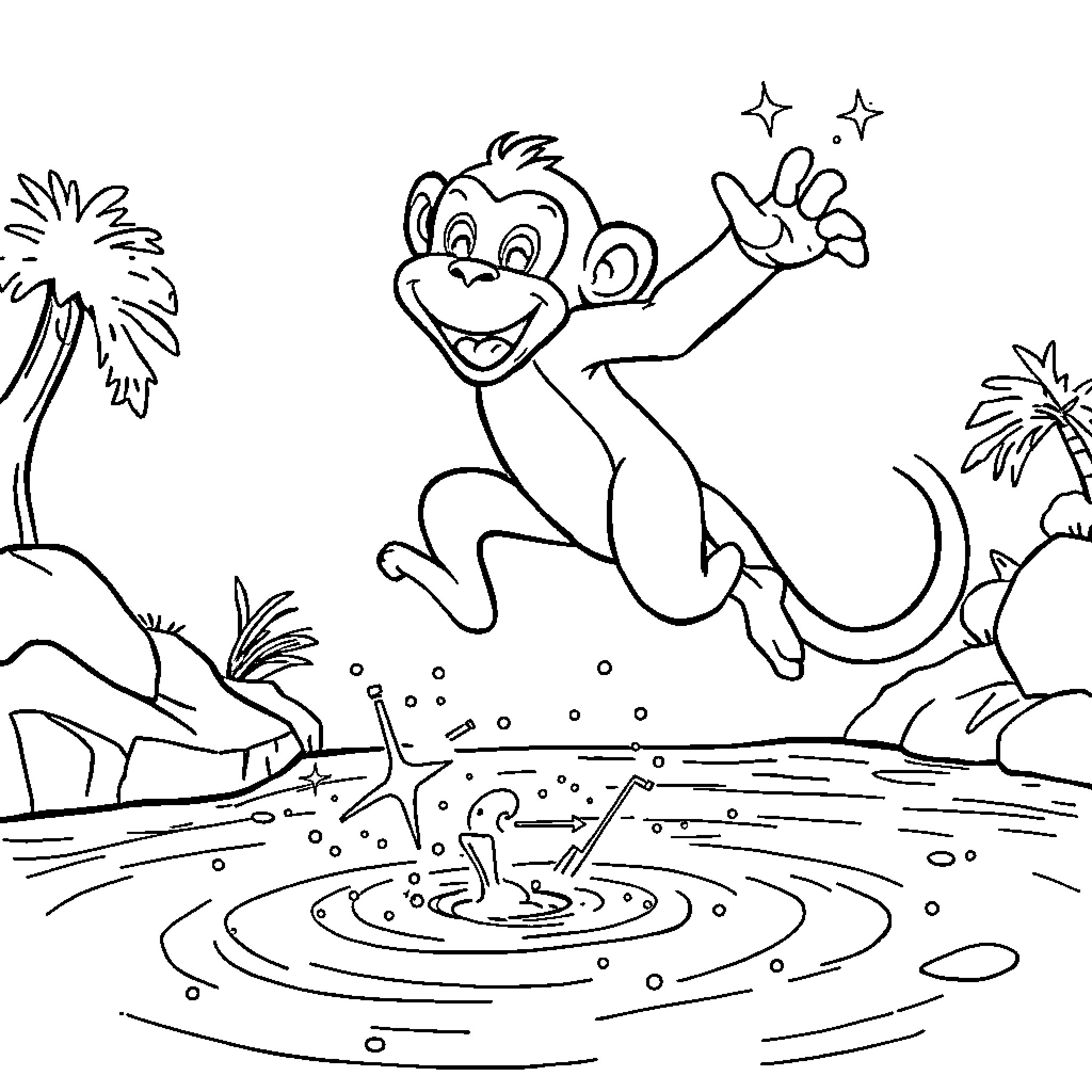 Monkey jumping happily in a tropical scene Coloring Page (free black-and-white line drawing printable PDF for all, from beginners to advanced learners, including children, teens, adults, and seniors)