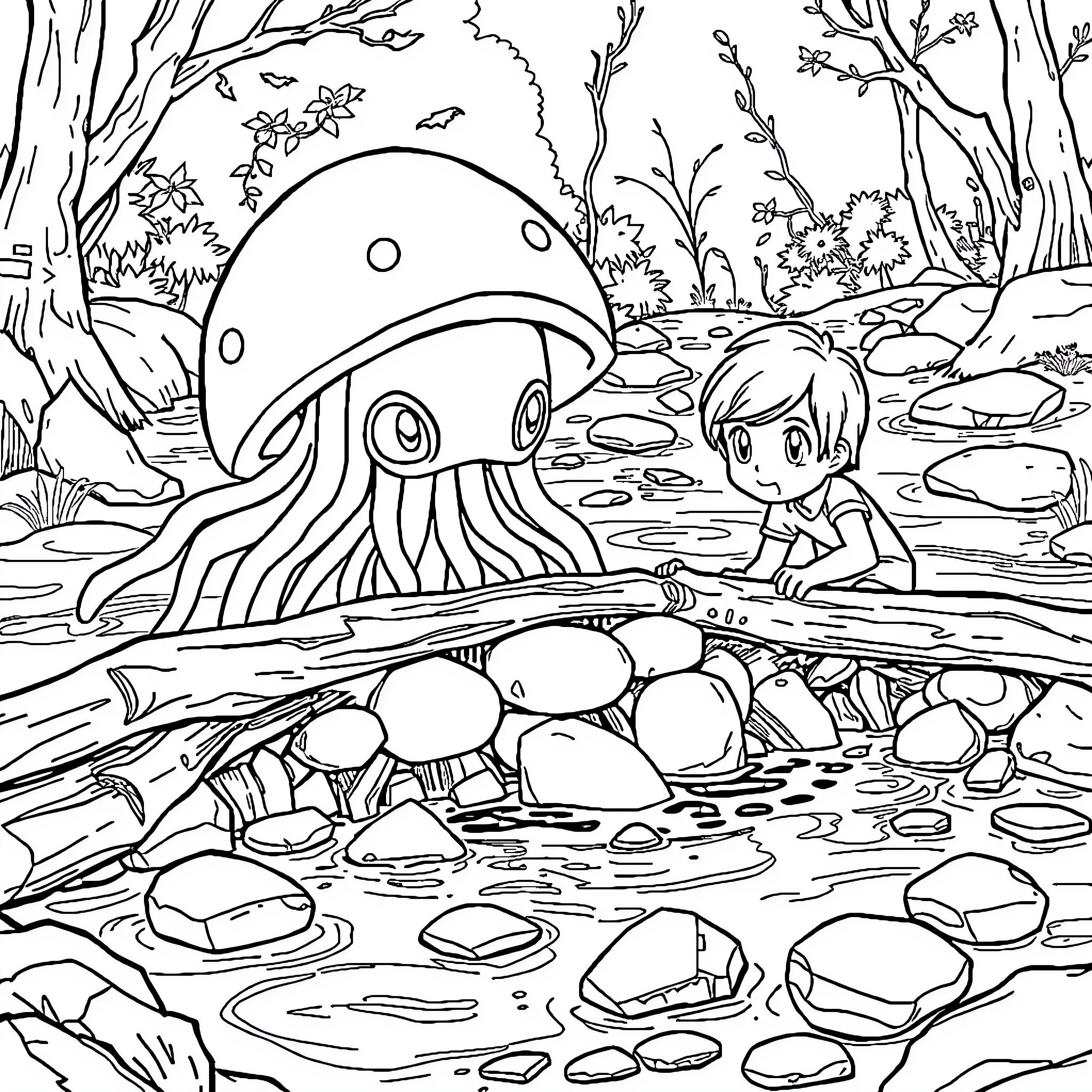 Tentacruel exploring the enchanted forest with a young adventurer Coloring Page (free black-and-white line drawing printable PDF for all, from beginners to advanced learners, including children, teens, adults, and seniors)