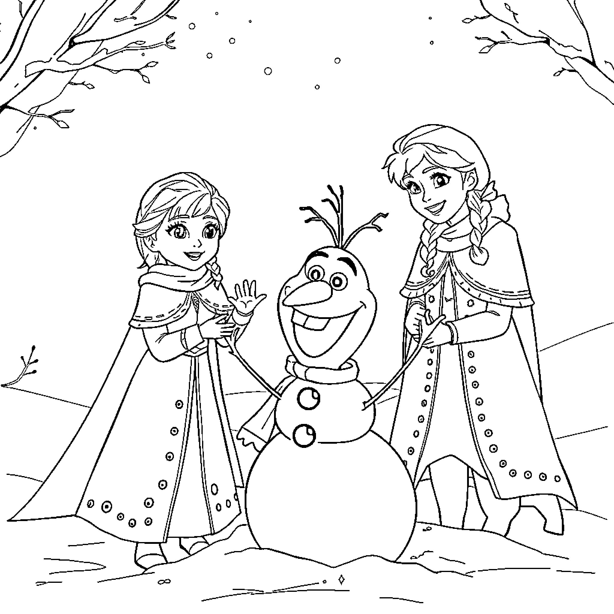 Elsa and Anna building a snowman with Olaf in the winter Coloring Page (free black-and-white line drawing printable PDF for all, from beginners to advanced learners, including children, teens, adults, and seniors)