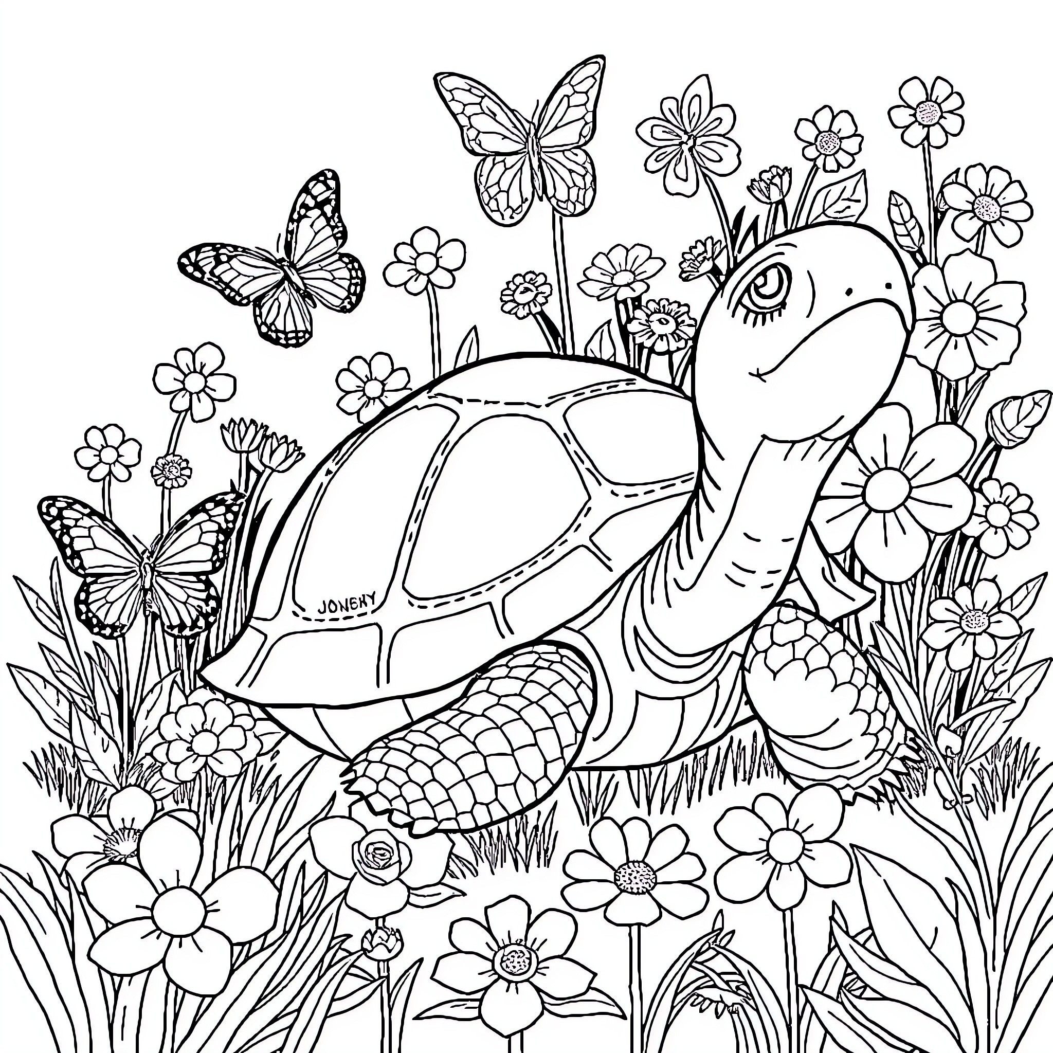 Turtle enjoying a floral garden Coloring Page (free black-and-white line drawing printable PDF for all, from beginners to advanced learners, including children, teens, adults, and seniors)