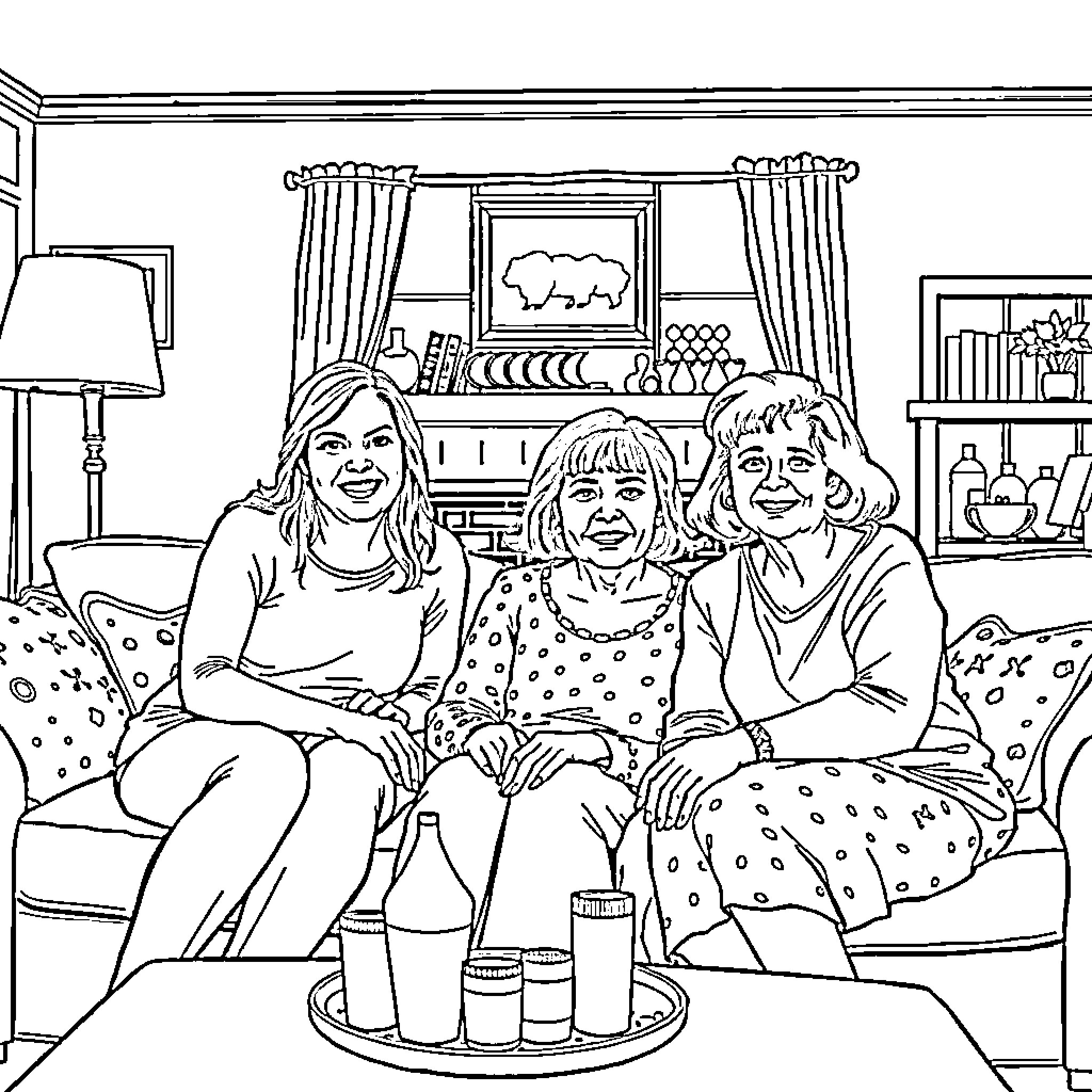 Family Enjoying Time Together on the Couch Coloring Page (free black-and-white line drawing printable PDF for all, from beginners to advanced learners, including children, teens, adults, and seniors)