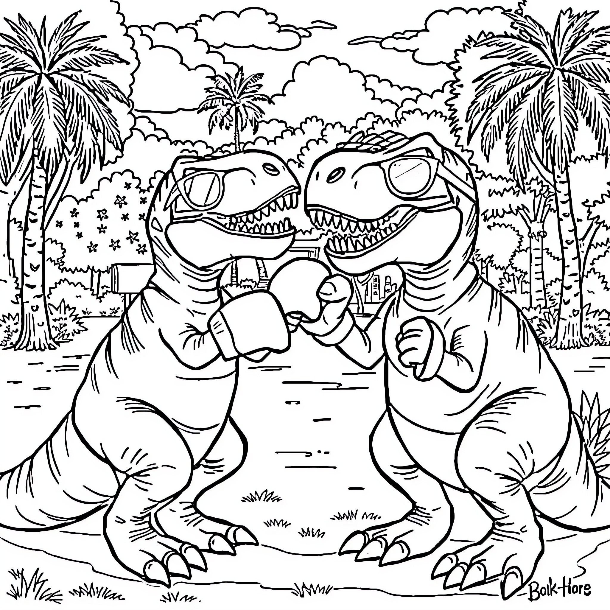 Dinosaur friends exploring tropical landscape Coloring Page (free black-and-white line drawing printable PDF for all, from beginners to advanced learners, including children, teens, adults, and seniors)