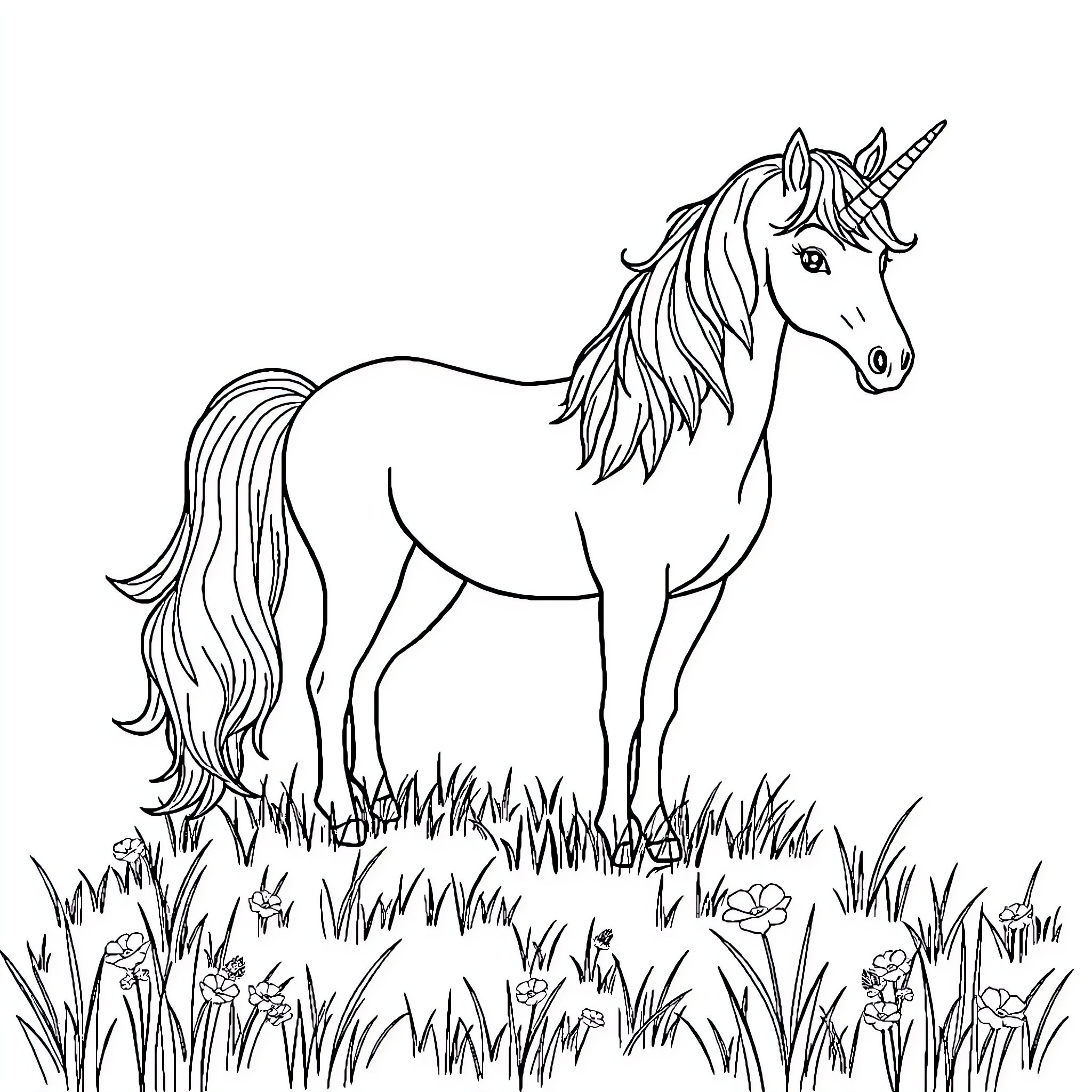 Unicorn standing proudly in a grassy field Coloring Page (free black-and-white line drawing printable PDF for all, from beginners to advanced learners, including children, teens, adults, and seniors)