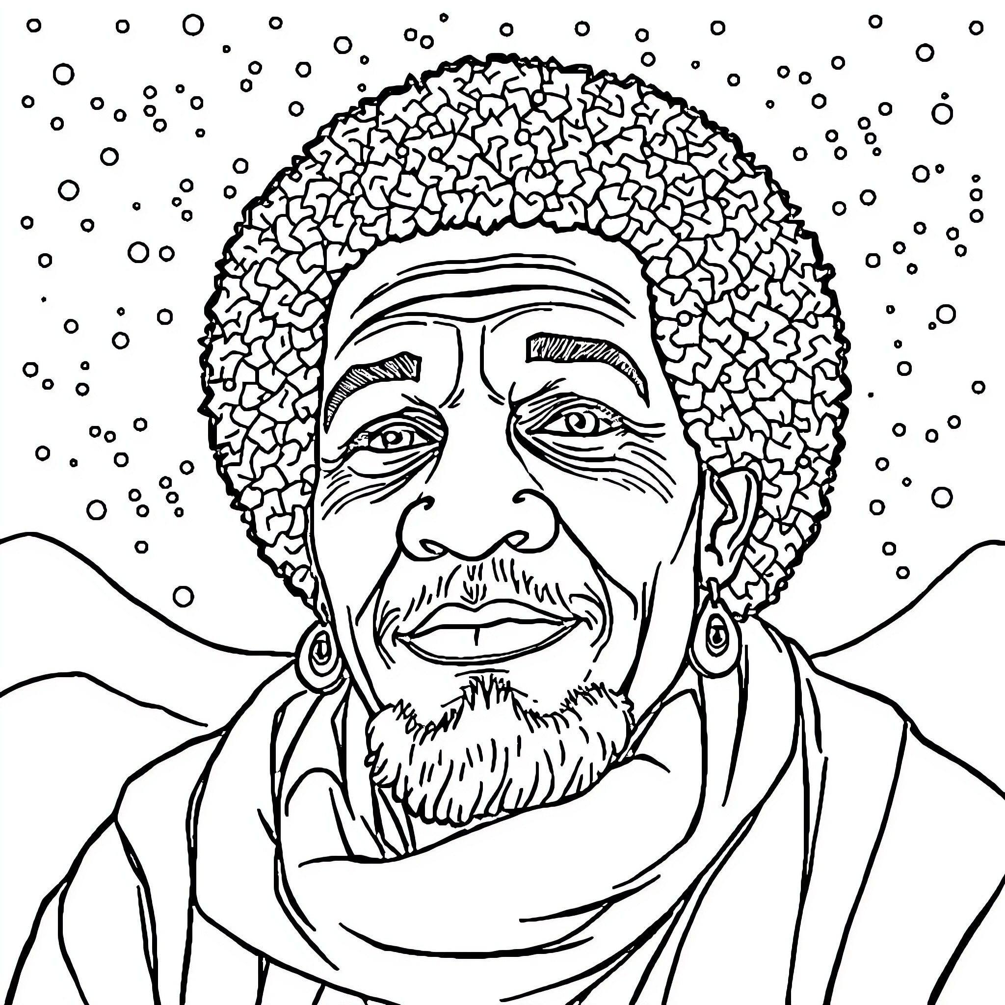 Lion - Man with Thoughtful Expression in Snowstorm Coloring Page (free black-and-white line drawing printable PDF for all, from beginners to advanced learners, including children, teens, adults, and seniors)