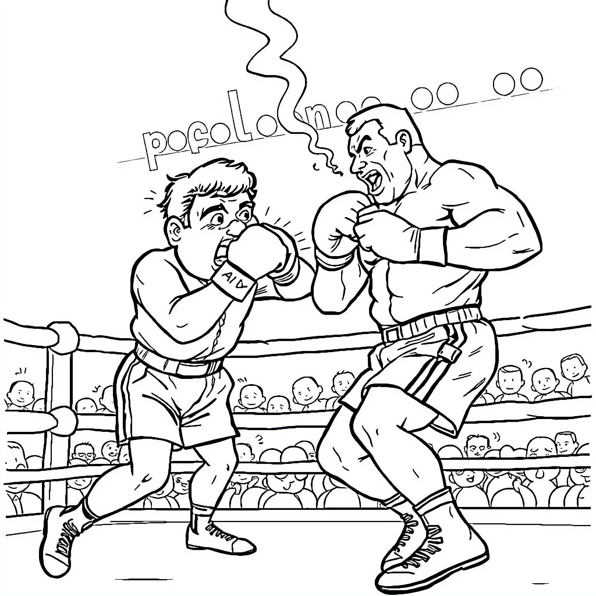 Danny DeVito competing in intense boxing match Coloring Page (free black-and-white line drawing printable PDF for all, from beginners to advanced learners, including children, teens, adults, and seniors)