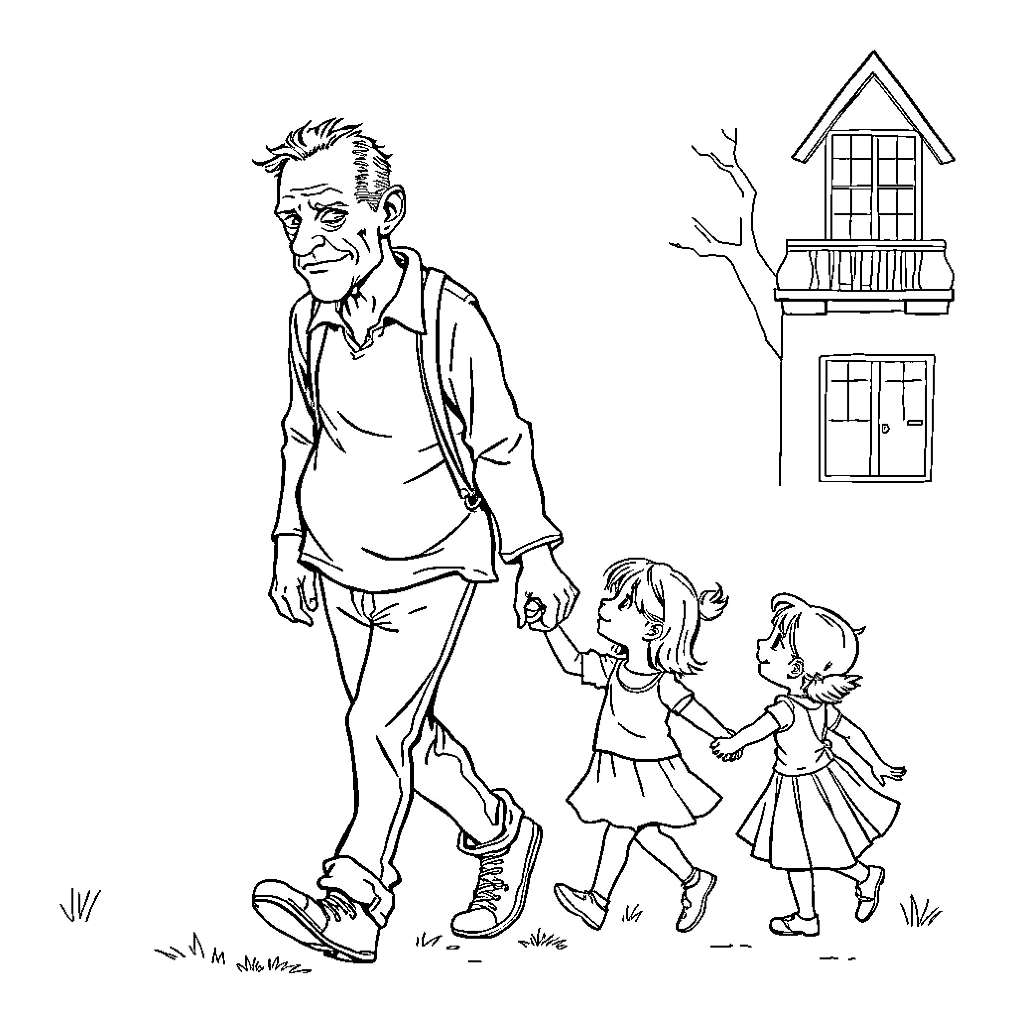 Crooked Man walking with two young girls Coloring Page (free black-and-white line drawing printable PDF for all, from beginners to advanced learners, including children, teens, adults, and seniors)