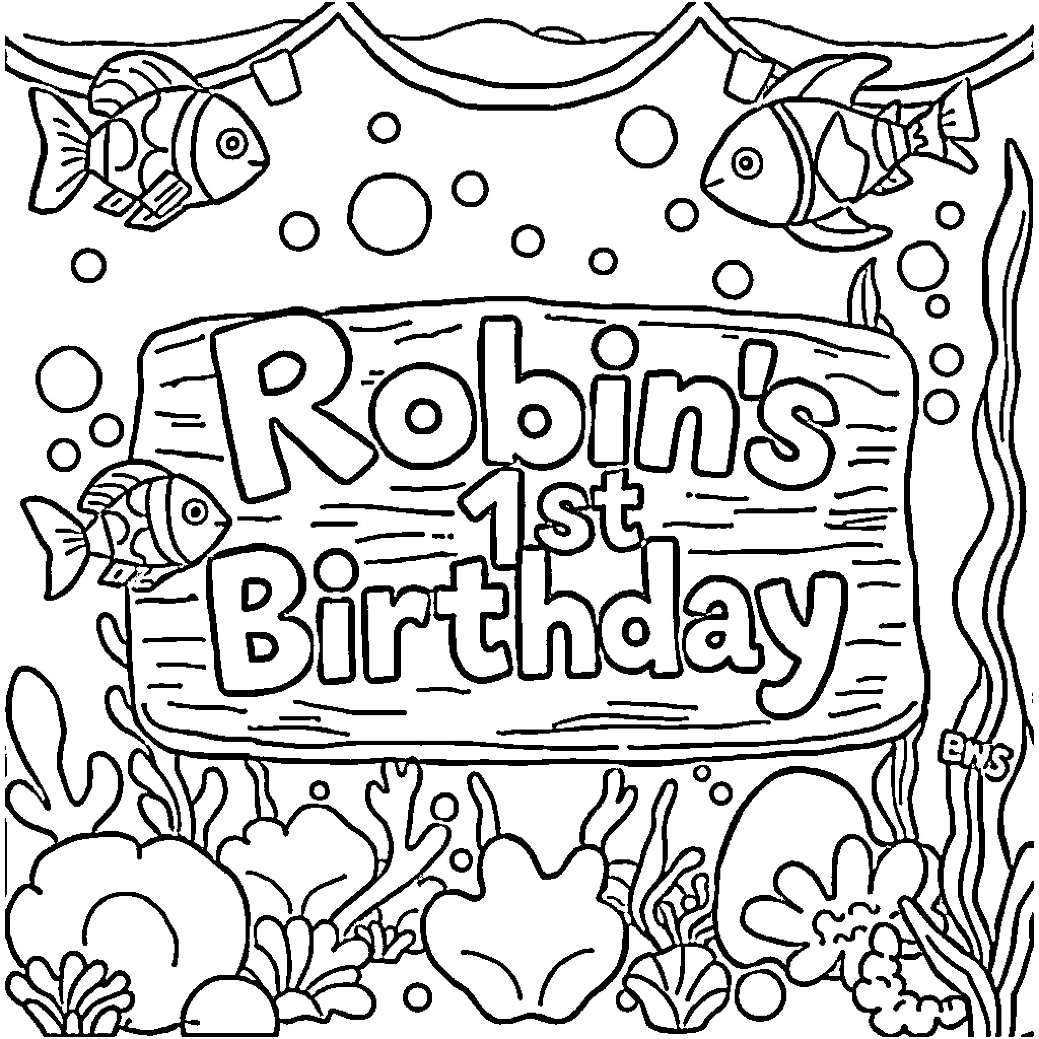 Birthday Celebration in the Underwater World Coloring Page (free black-and-white line drawing printable PDF for all, from beginners to advanced learners, including children, teens, adults, and seniors)