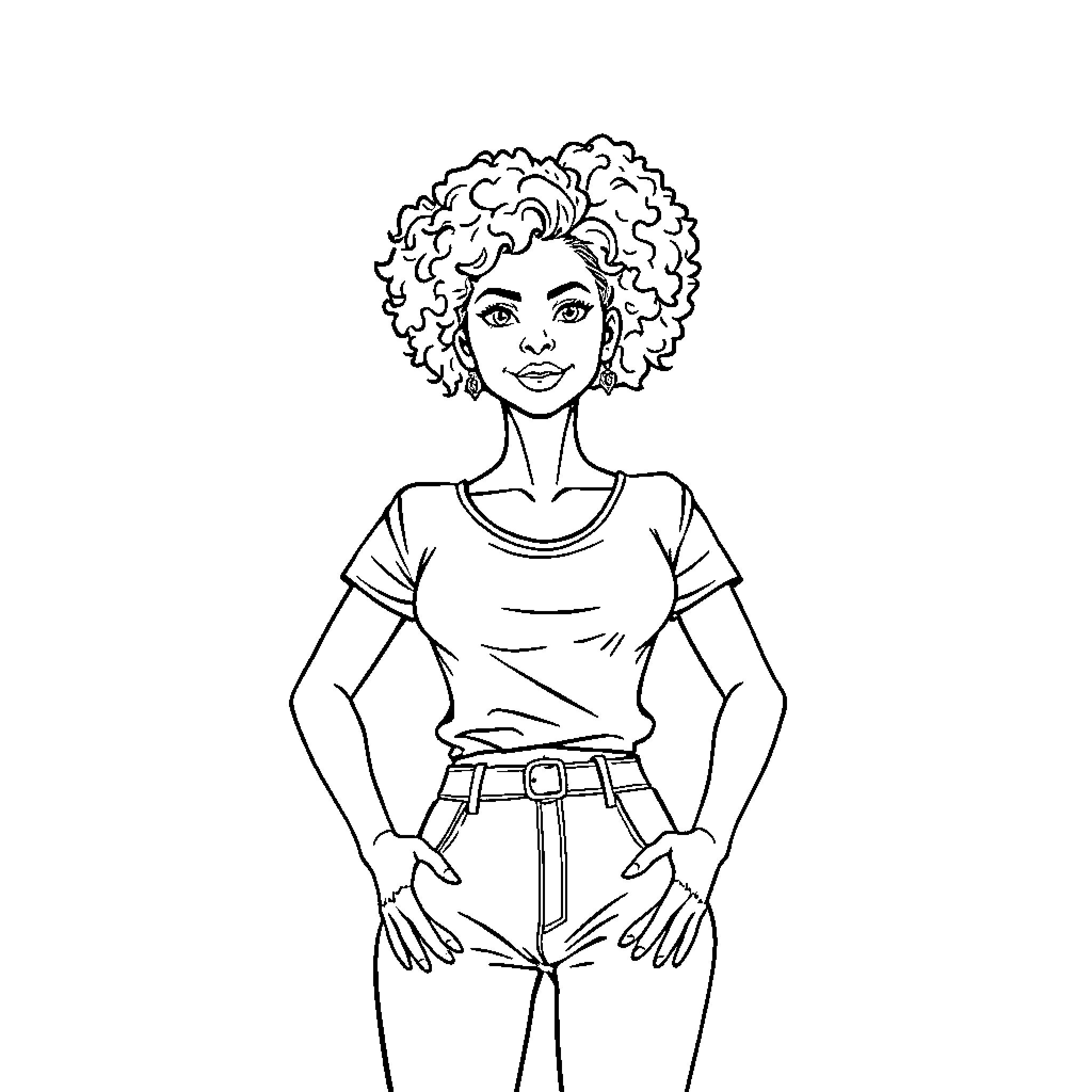 Woman with curly hair expressing confidence Coloring Page (free black-and-white line drawing printable PDF for all, from beginners to advanced learners, including children, teens, adults, and seniors)
