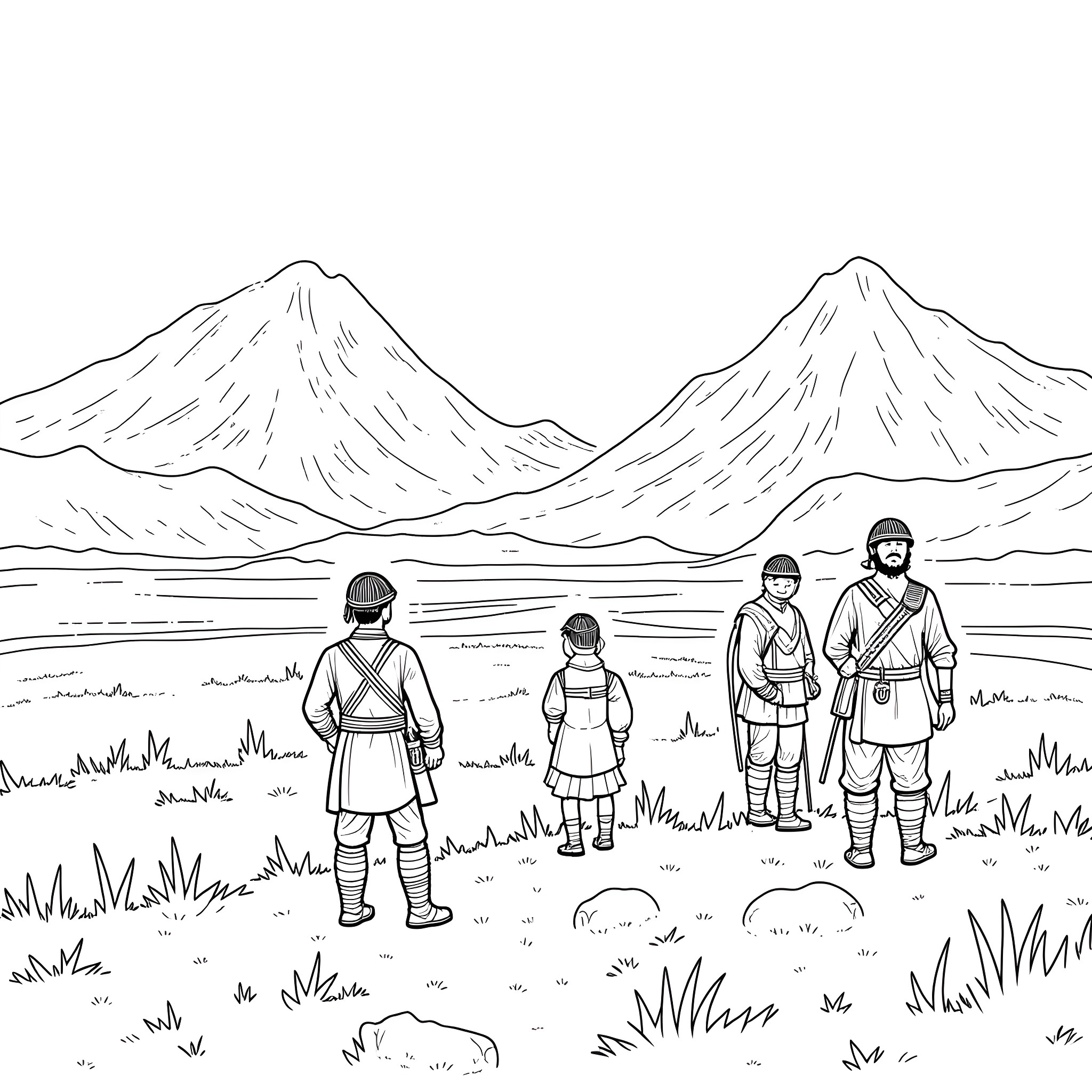 Taranaki War - Indigenous warriors in rugged mountain landscape Coloring Page (free black-and-white line drawing printable PDF for all, from beginners to advanced learners, including children, teens, adults, and seniors)
