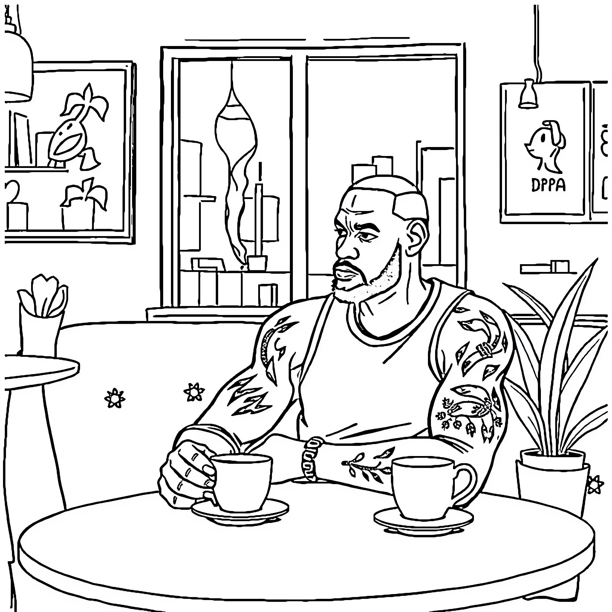 LeBron James enjoying a cup of coffee in his studio Coloring Page (free black-and-white line drawing printable PDF for all, from beginners to advanced learners, including children, teens, adults, and seniors)