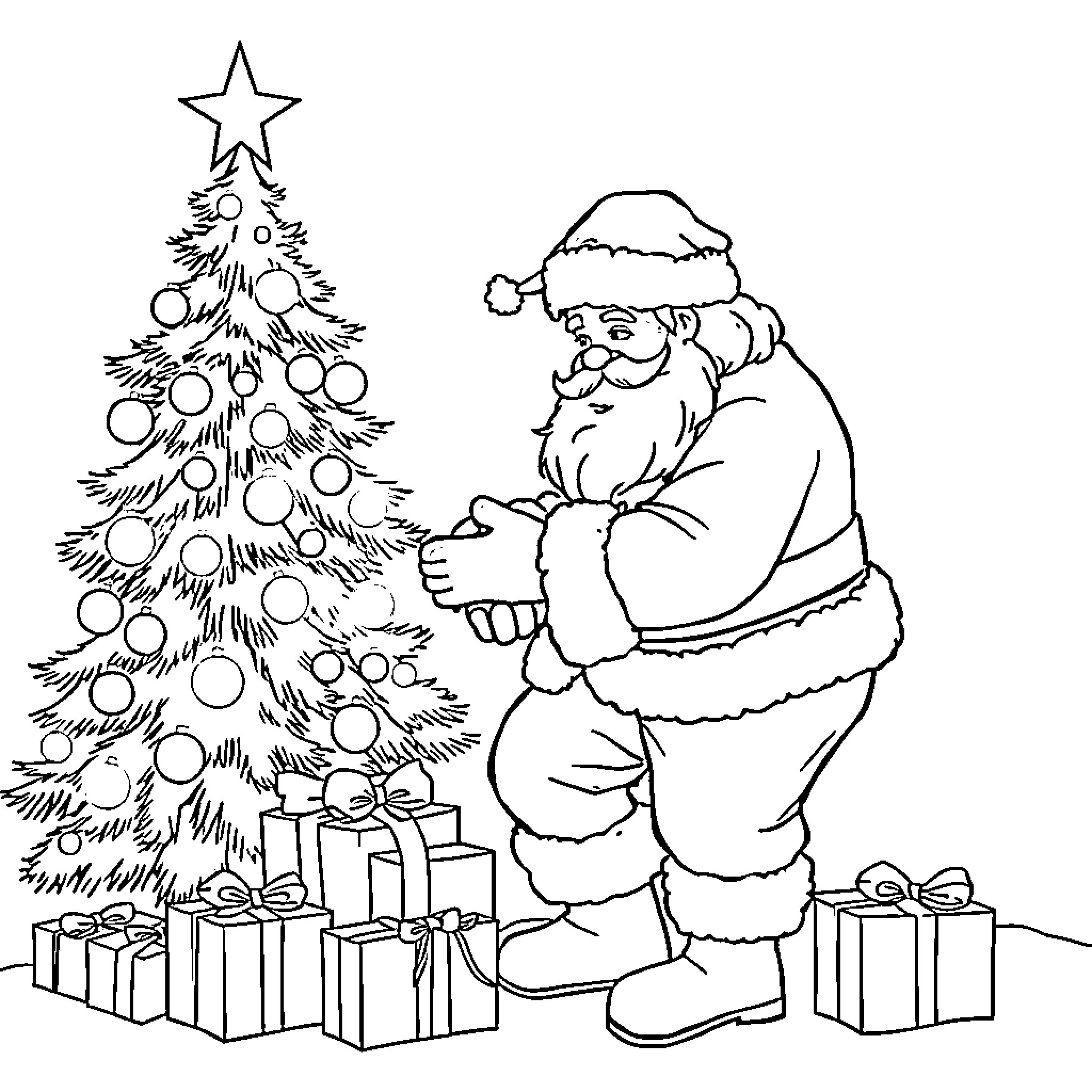 Santa Claus decorating Christmas tree and unwrapping gifts Coloring Page (free black-and-white line drawing printable PDF for all, from beginners to advanced learners, including children, teens, adults, and seniors)