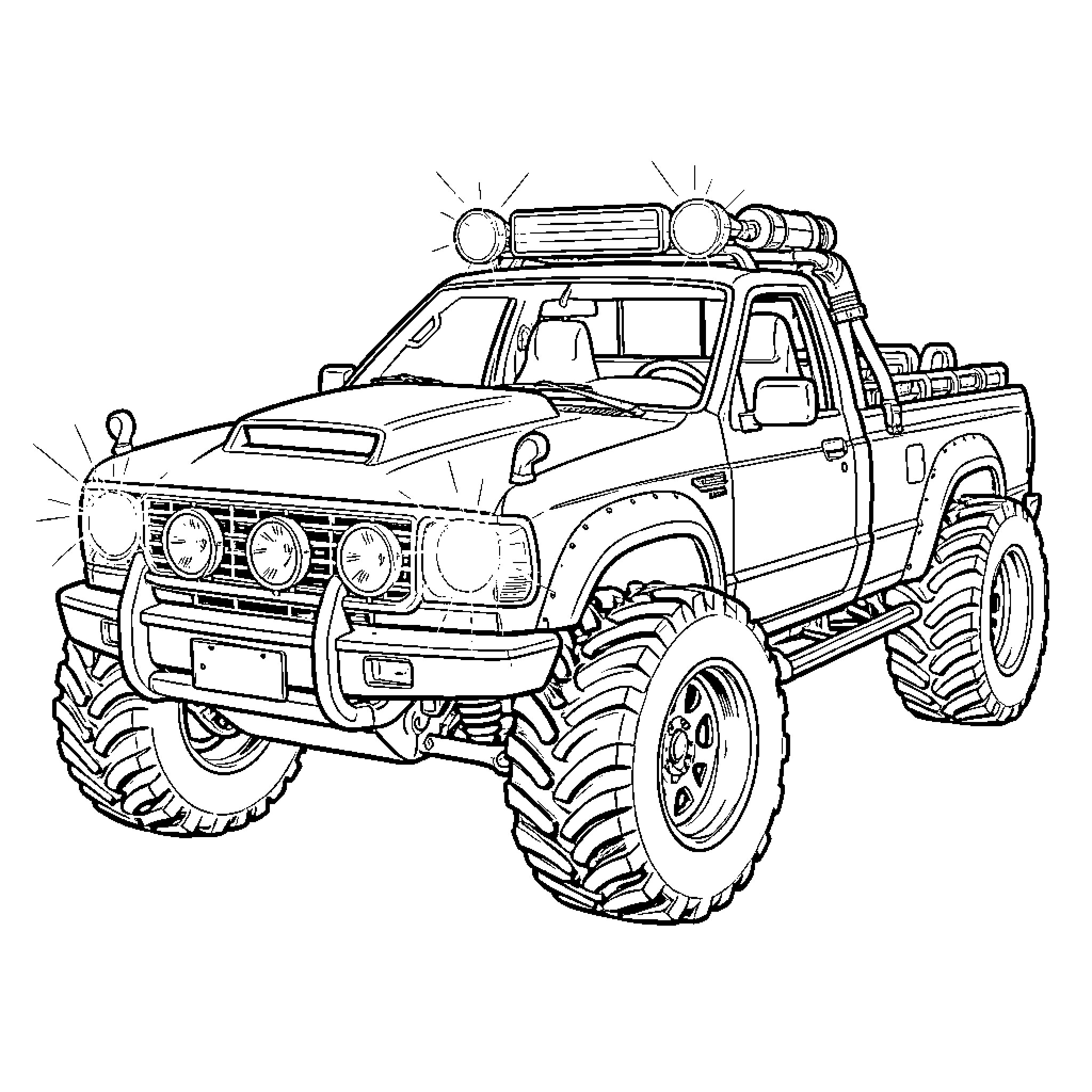Pickup Truck with Rugged Accessories and Modifications Coloring Page (free black-and-white line drawing printable PDF for all, from beginners to advanced learners, including children, teens, adults, and seniors)