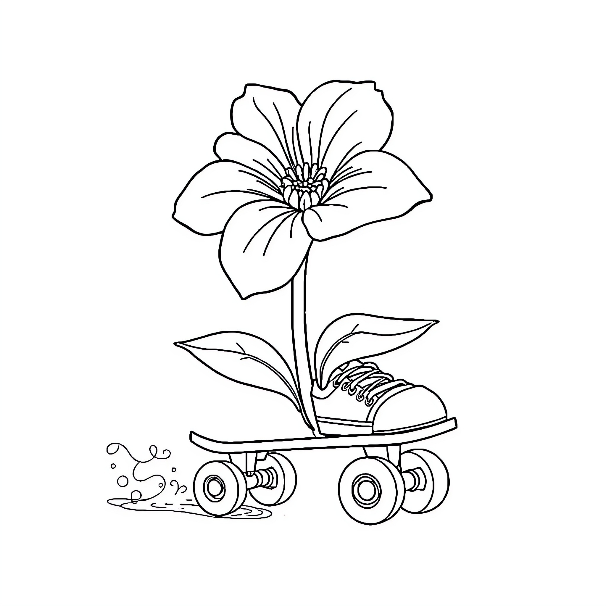 Flower blooming on a skateboard Coloring Page (free black-and-white line drawing printable PDF for all, from beginners to advanced learners, including children, teens, adults, and seniors)