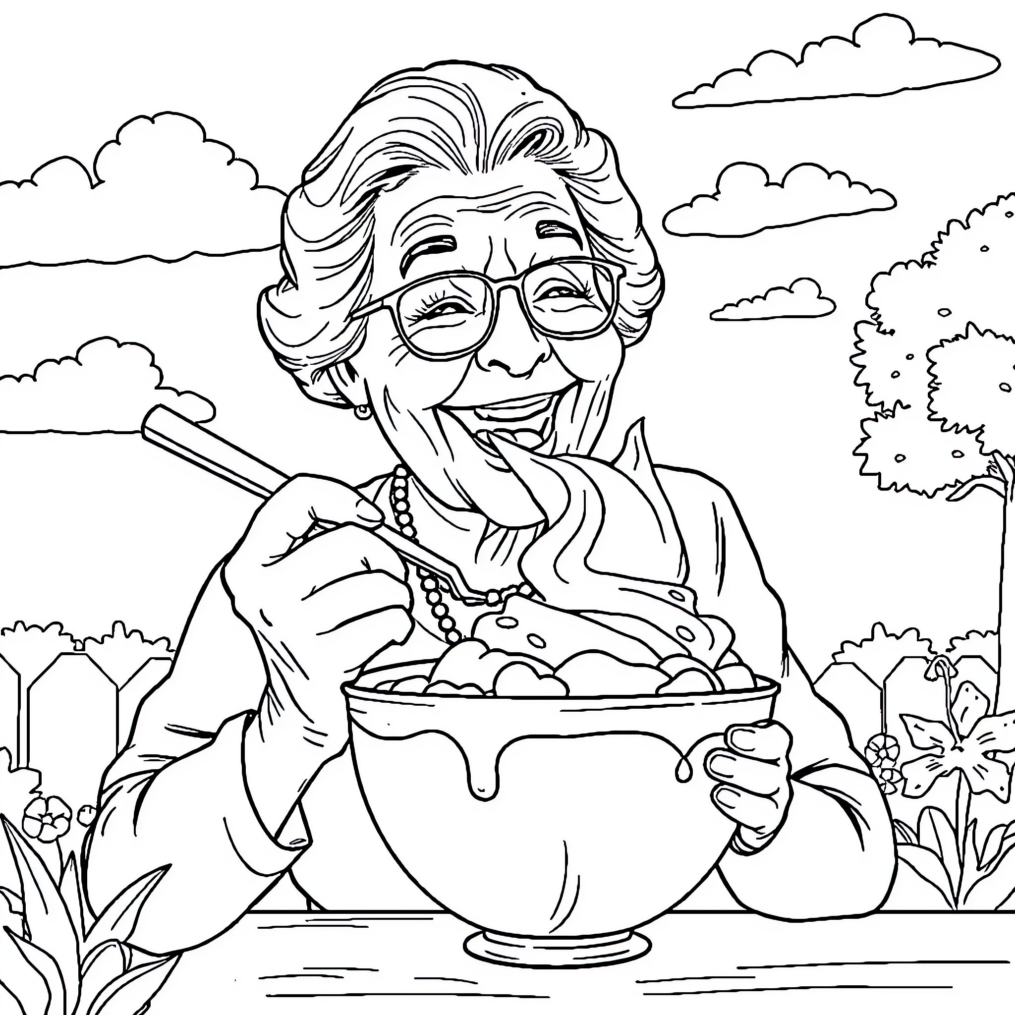Grandma enjoys a delicious meal outdoors Coloring Page (free black-and-white line drawing printable PDF for all, from beginners to advanced learners, including children, teens, adults, and seniors)
