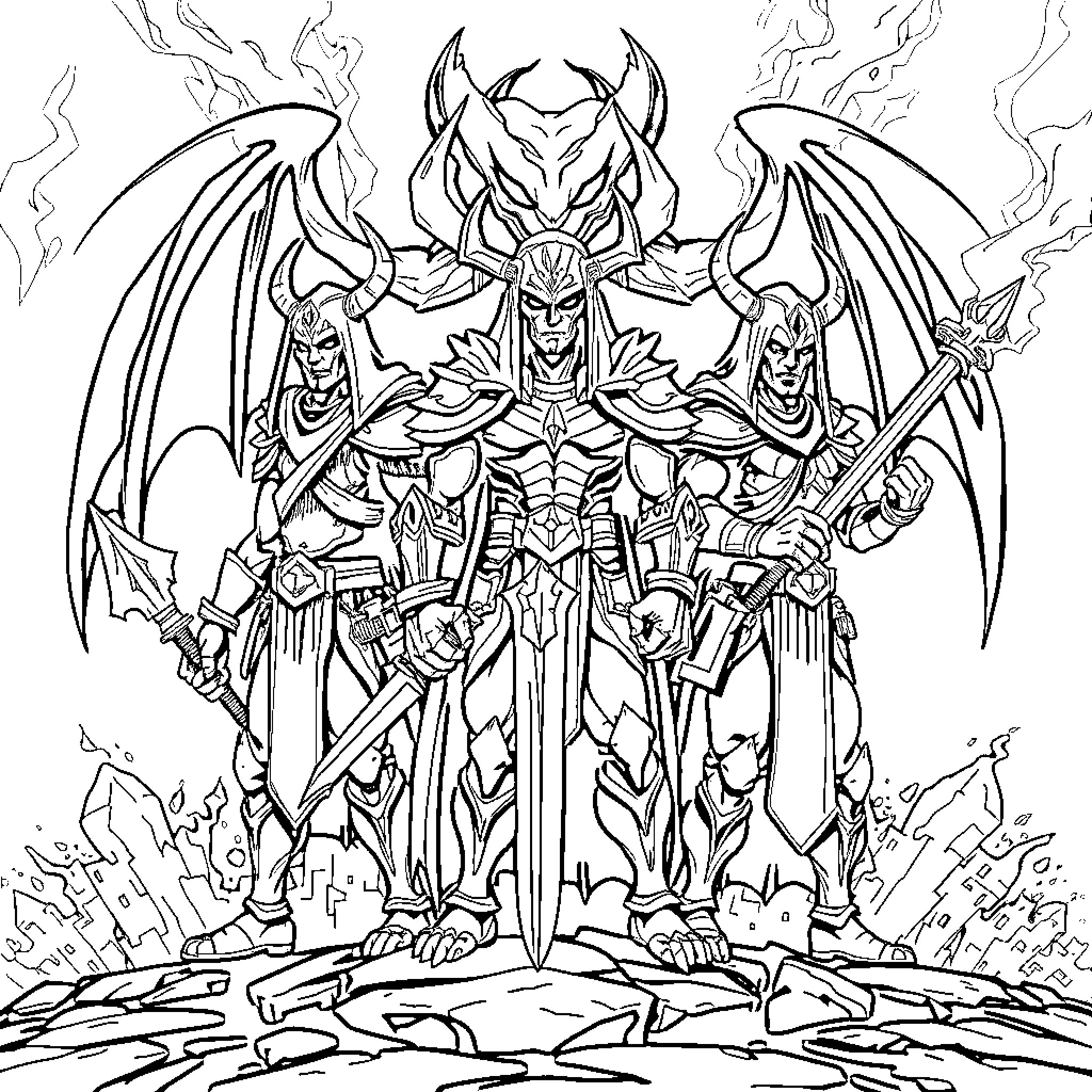Demon Slayer Warriors in Fierce Battle Coloring Page (free black-and-white line drawing printable PDF for all, from beginners to advanced learners, including children, teens, adults, and seniors)