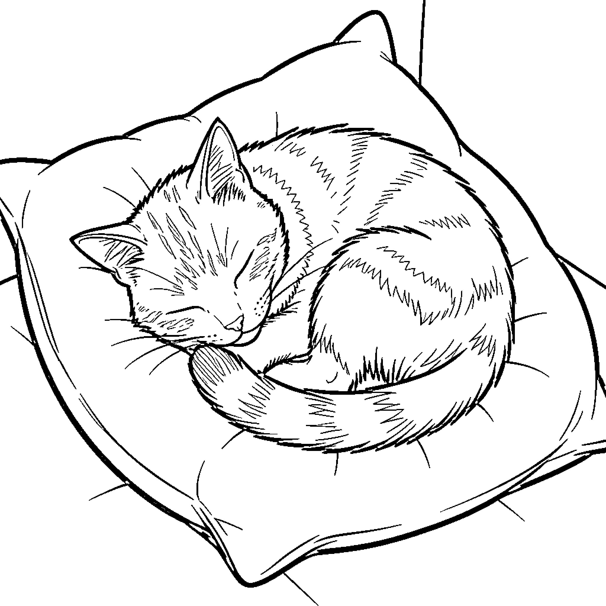 Cat napping peacefully on a cushion Coloring Page (free black-and-white line drawing printable PDF for all, from beginners to advanced learners, including children, teens, adults, and seniors)