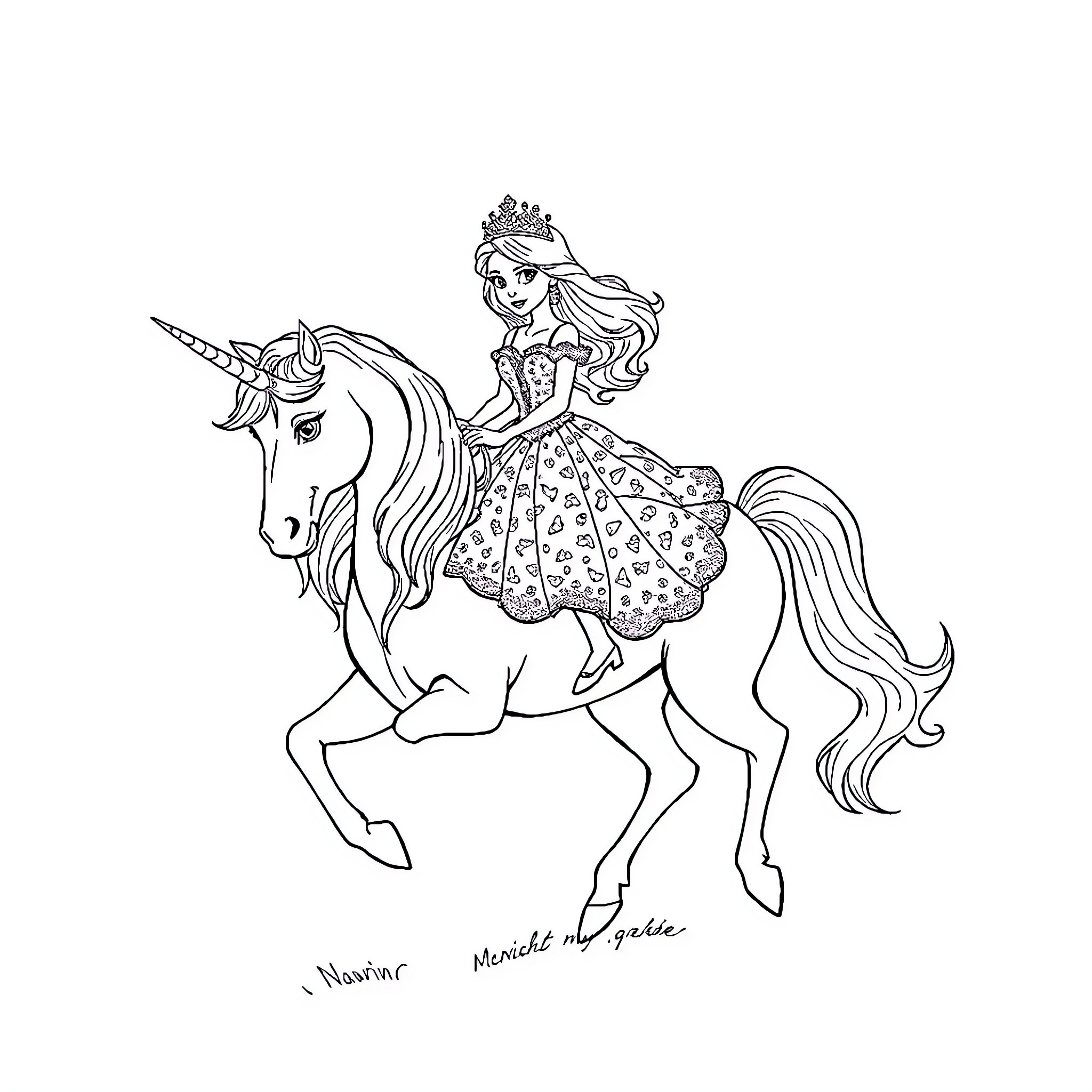 Princess riding a magical unicorn Coloring Page (free black-and-white line drawing printable PDF for all, from beginners to advanced learners, including children, teens, adults, and seniors)
