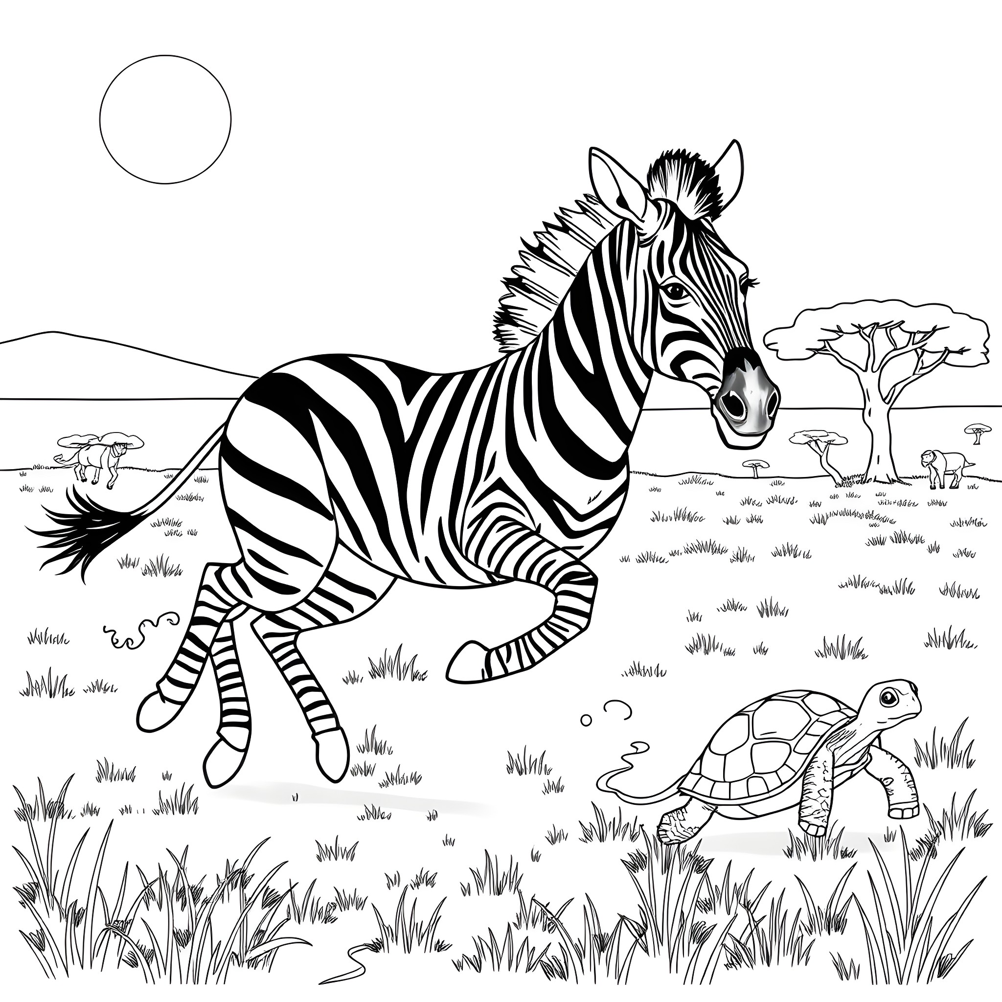 Zebra grazing in the African savanna Coloring Page (free black-and-white line drawing printable PDF for all, from beginners to advanced learners, including children, teens, adults, and seniors)