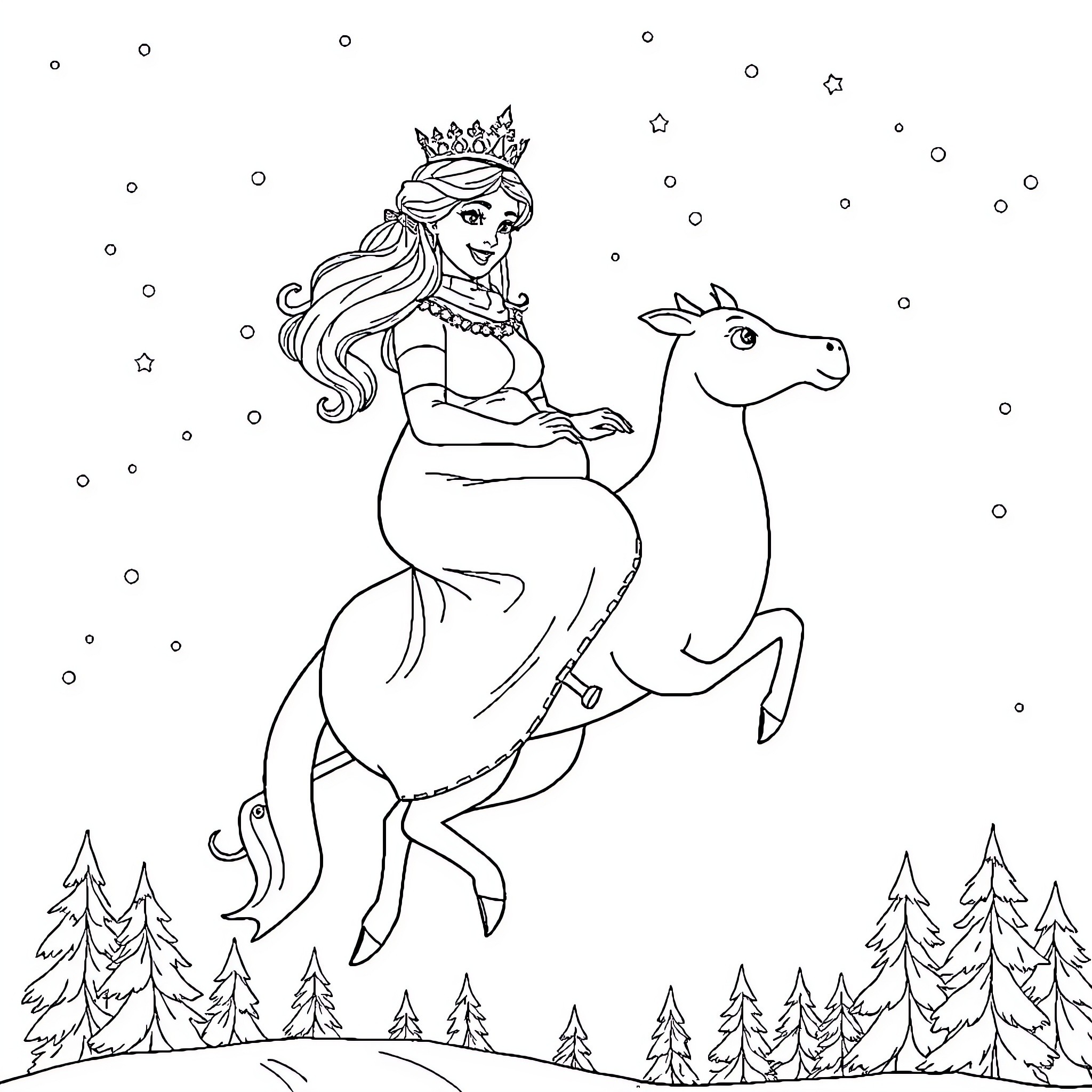 Queen riding a majestic steed through the snowy forest Coloring Page (free black-and-white line drawing printable PDF for all, from beginners to advanced learners, including children, teens, adults, and seniors)
