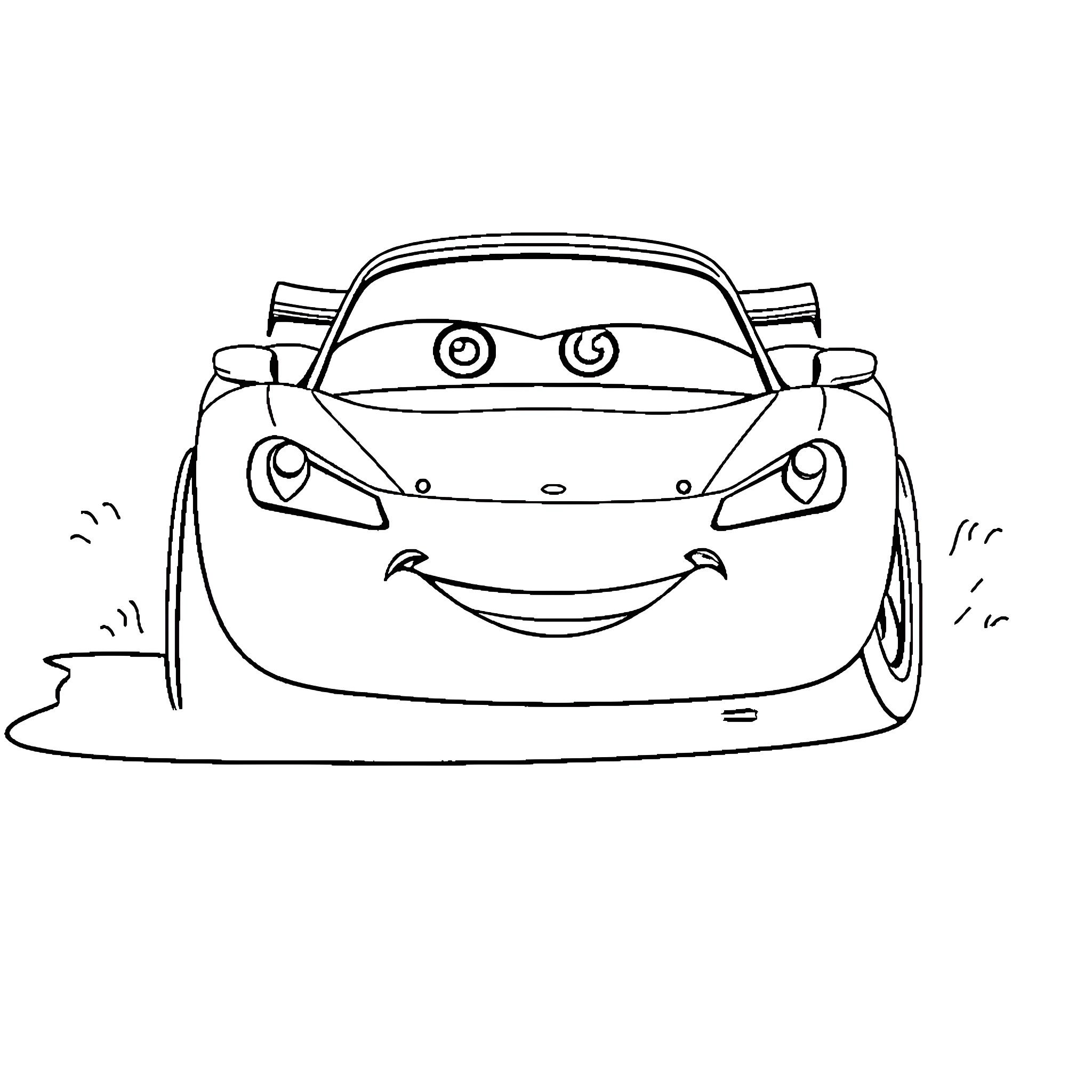 Racing Car with a Cheerful Expression Coloring Page (free black-and-white line drawing printable PDF for all, from beginners to advanced learners, including children, teens, adults, and seniors)