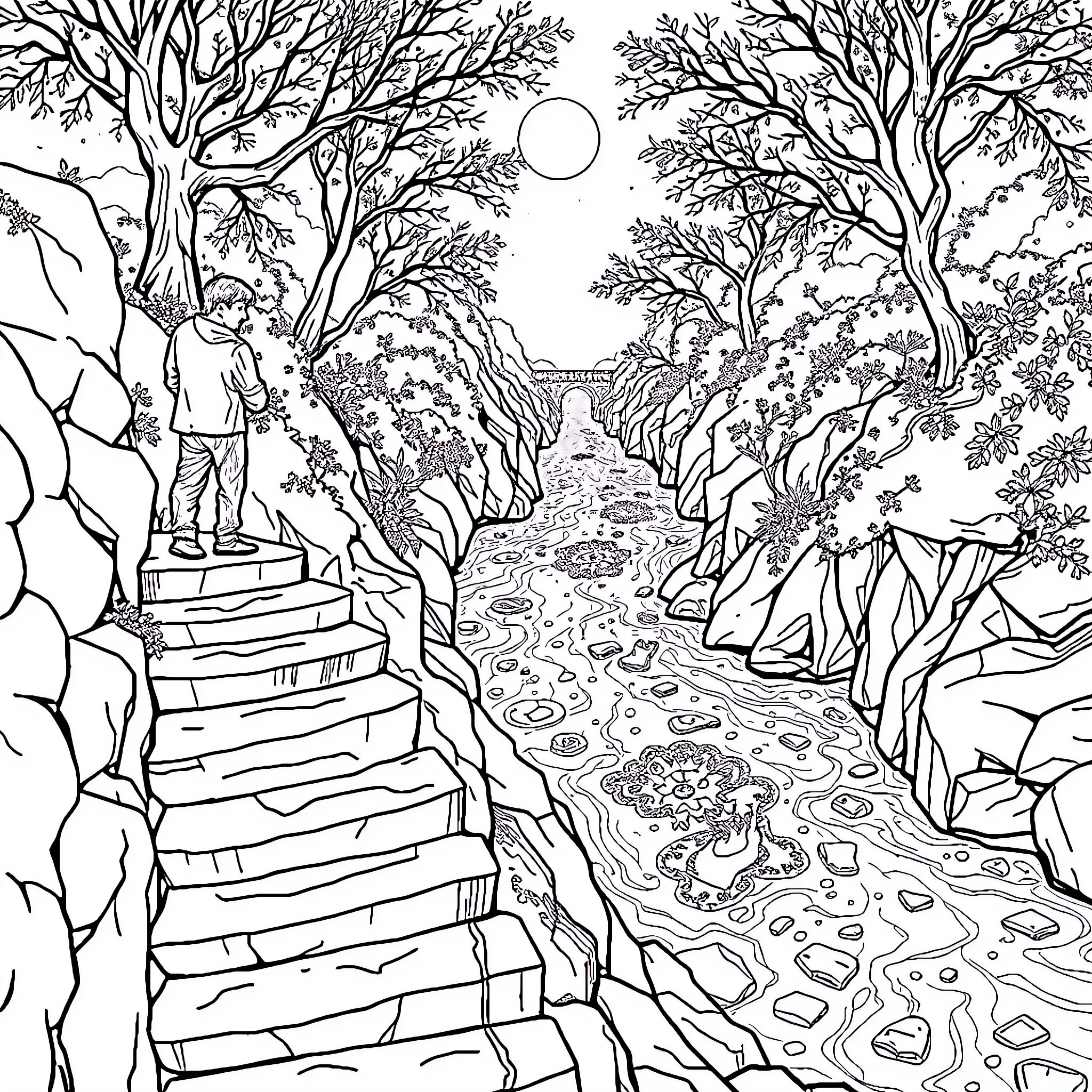 Man climbing up the stone steps in a forest landscape Coloring Page (free black-and-white line drawing printable PDF for all, from beginners to advanced learners, including children, teens, adults, and seniors)