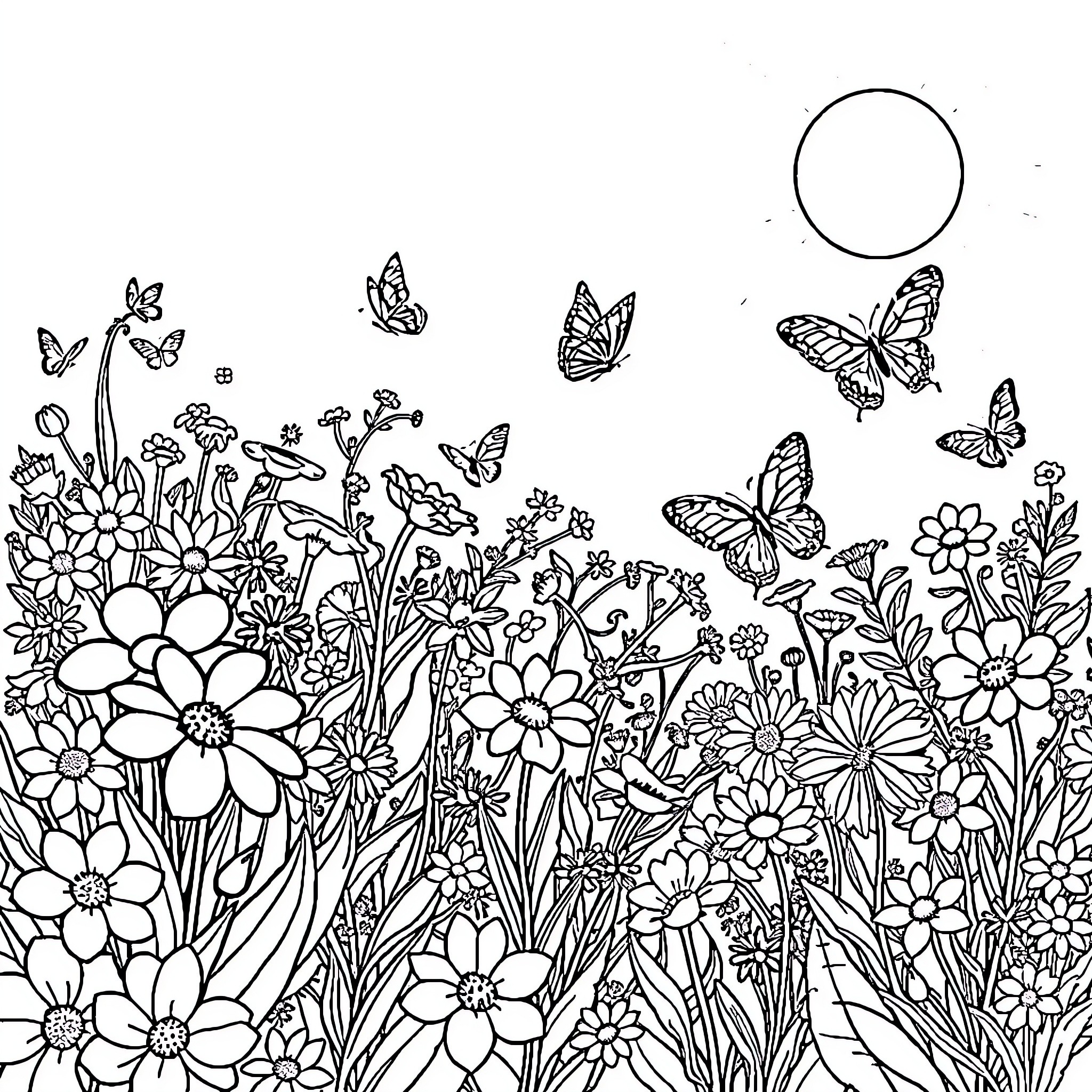 Sunshine fluttering through a garden of flowers Coloring Page (free black-and-white line drawing printable PDF for all, from beginners to advanced learners, including children, teens, adults, and seniors)