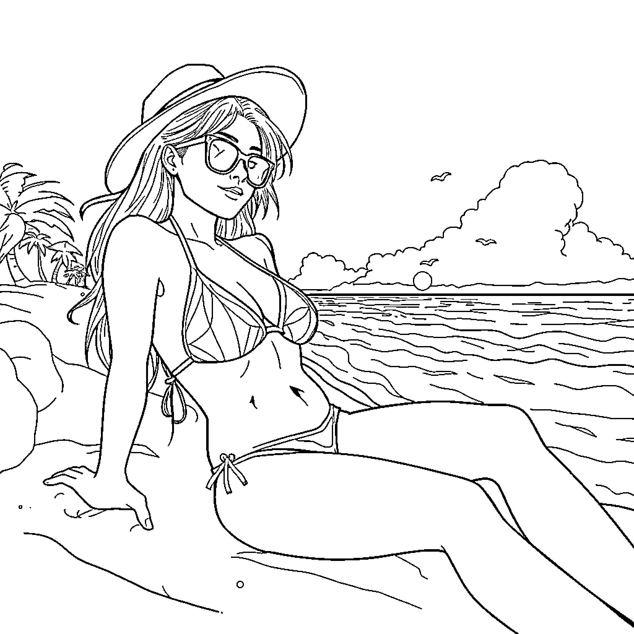 Mike Hatsune enjoying a day at the beach Coloring Page (free black-and-white line drawing printable PDF for all, from beginners to advanced learners, including children, teens, adults, and seniors)