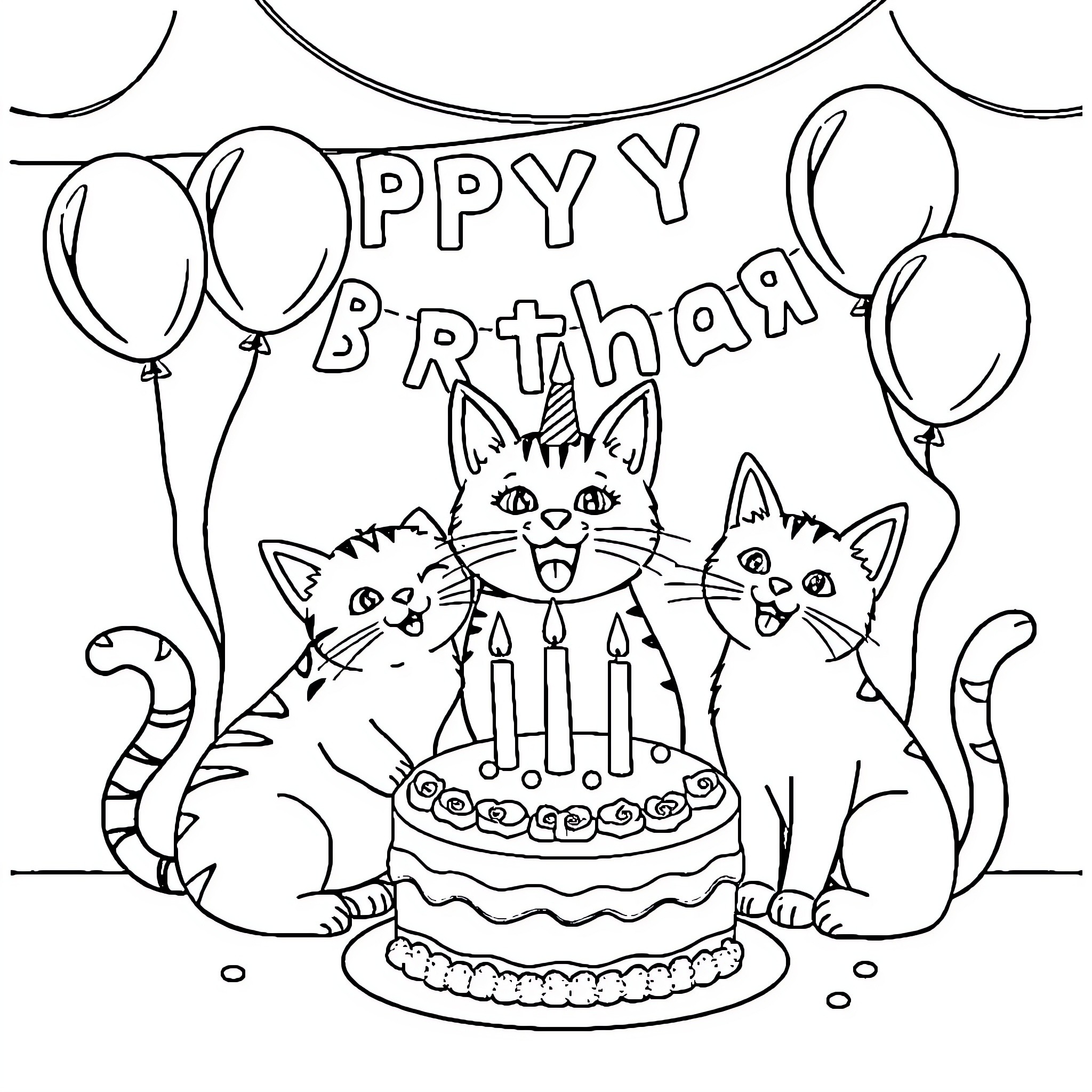 Cats celebrating a happy birthday with cake and balloons Coloring Page (free black-and-white line drawing printable PDF for all, from beginners to advanced learners, including children, teens, adults, and seniors)