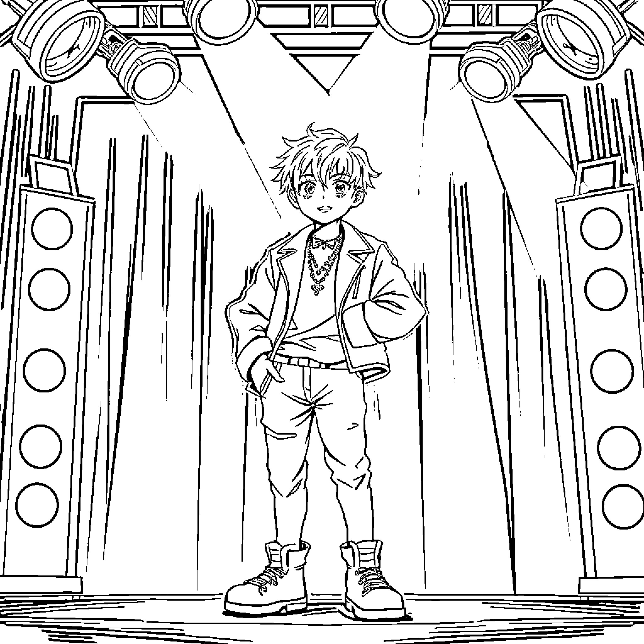 Bangchan's Spotlight Performance Coloring Page (free black-and-white line drawing printable PDF for all, from beginners to advanced learners, including children, teens, adults, and seniors)