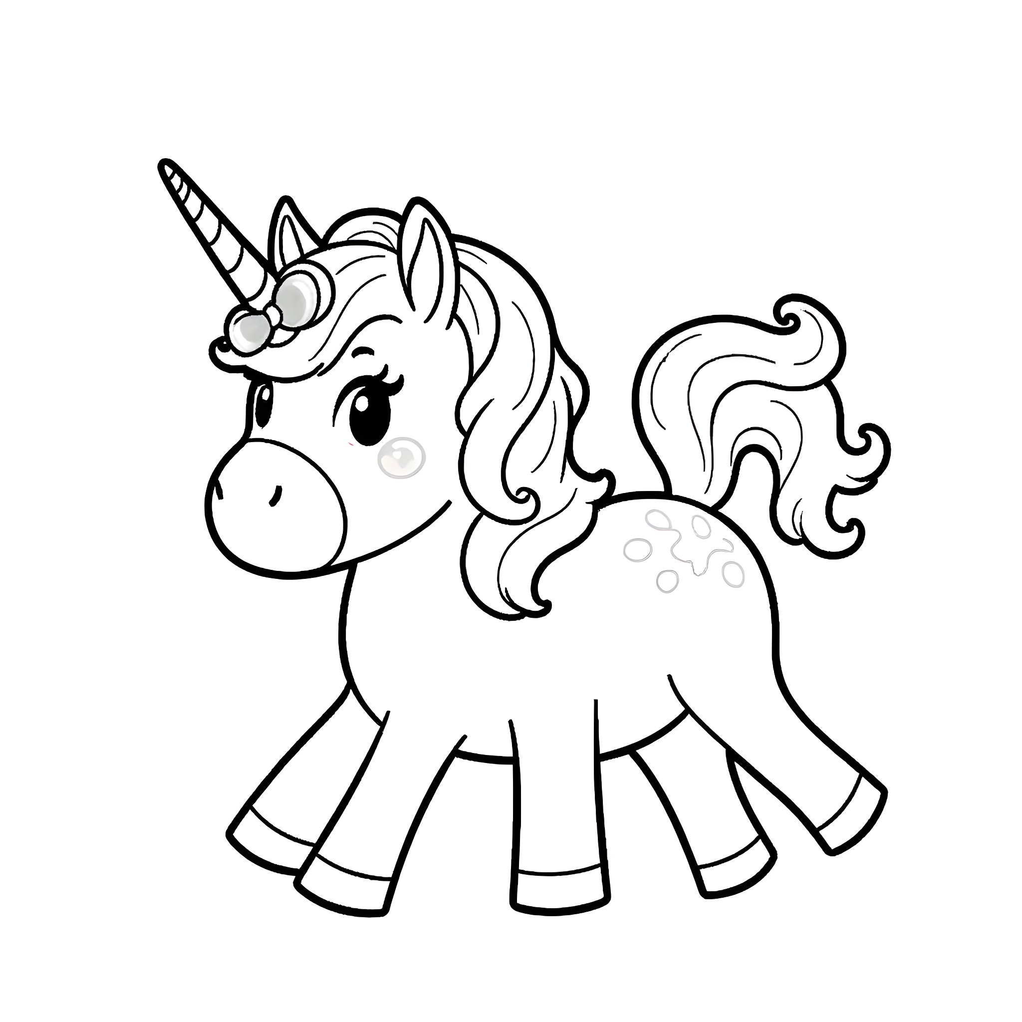Unicorn with a Whimsical Expression Coloring Page (free black-and-white line drawing printable PDF for all, from beginners to advanced learners, including children, teens, adults, and seniors)