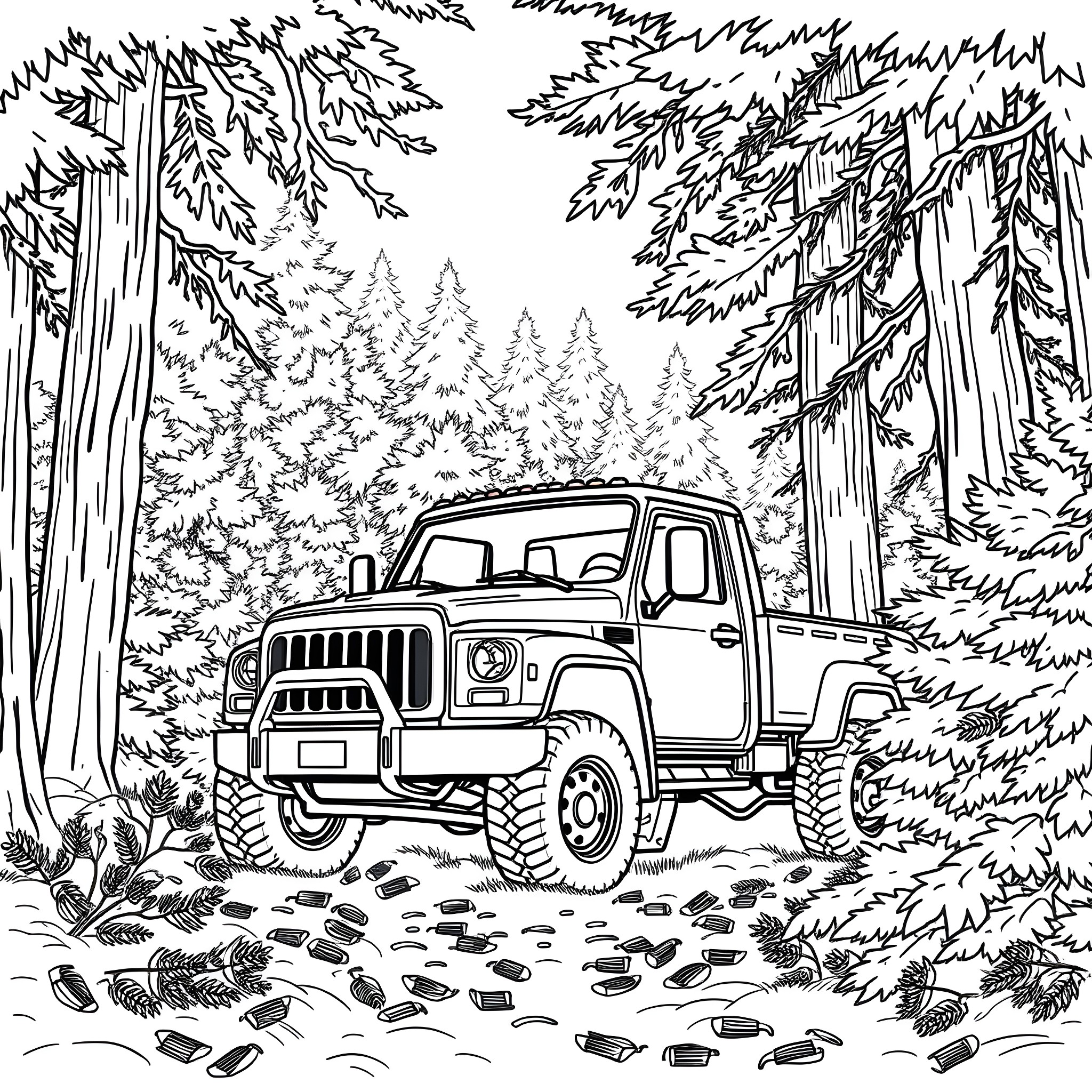 Truck navigating rugged forest terrain Coloring Page (free black-and-white line drawing printable PDF for all, from beginners to advanced learners, including children, teens, adults, and seniors)