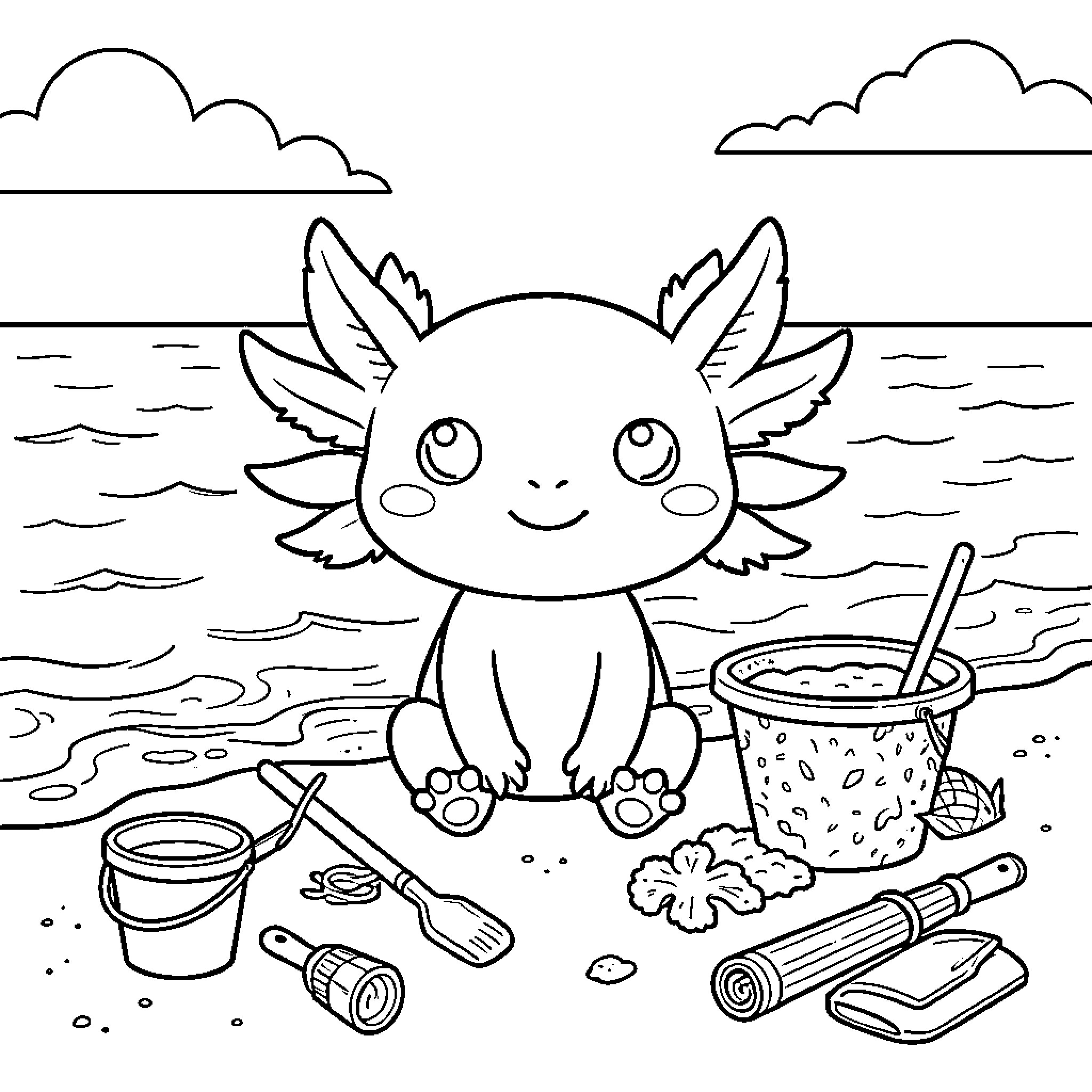 Axolotl sitting on the beach with sand toys Coloring Page (free black-and-white line drawing printable PDF for all, from beginners to advanced learners, including children, teens, adults, and seniors)