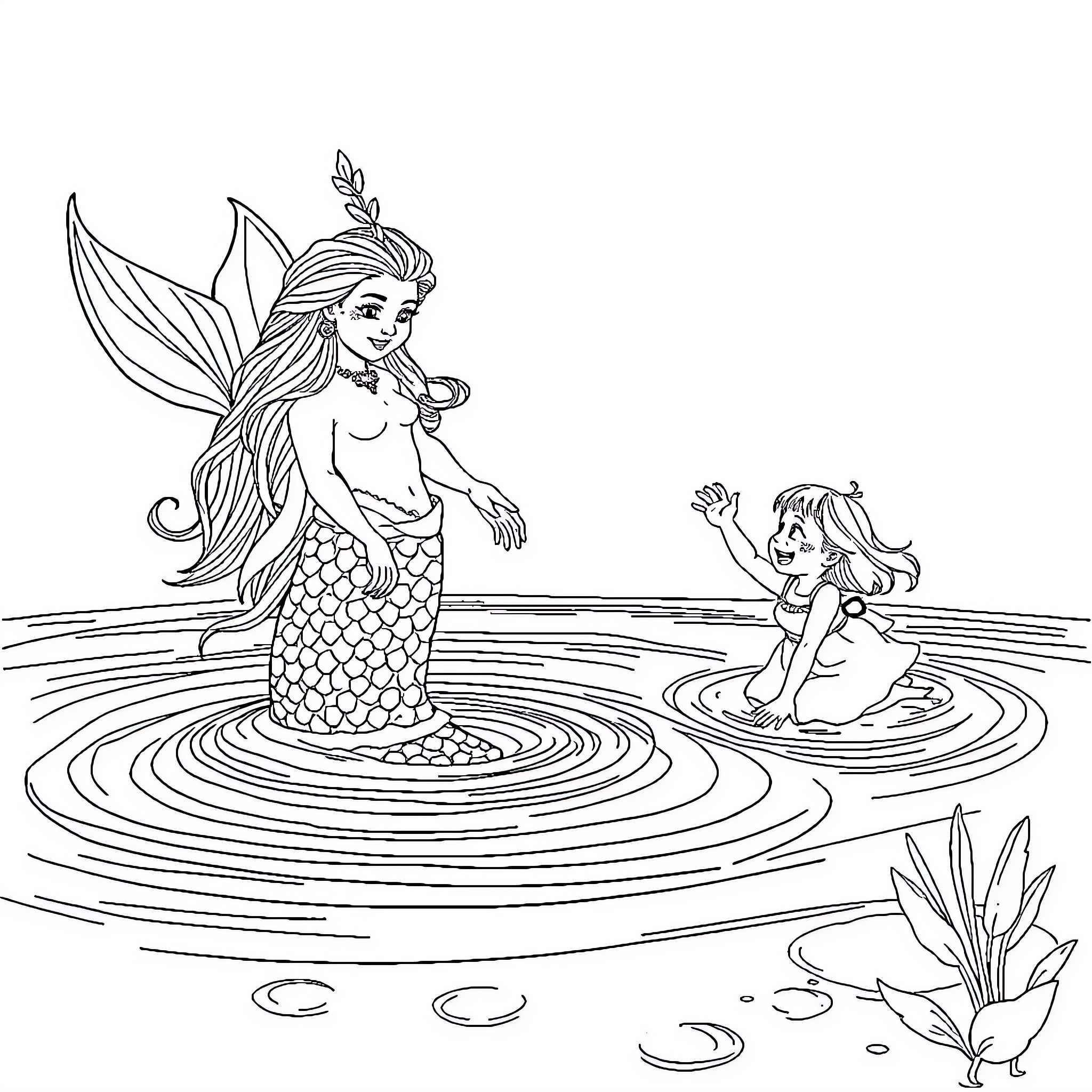 Mermaid and young girl playing in the ocean Coloring Page (free black-and-white line drawing printable PDF for all, from beginners to advanced learners, including children, teens, adults, and seniors)
