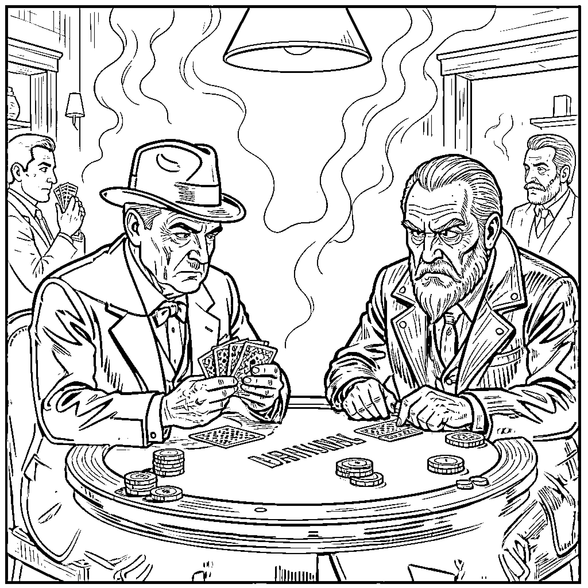 Al Capone playing cards at a gambling table Coloring Page (free black-and-white line drawing printable PDF for all, from beginners to advanced learners, including children, teens, adults, and seniors)