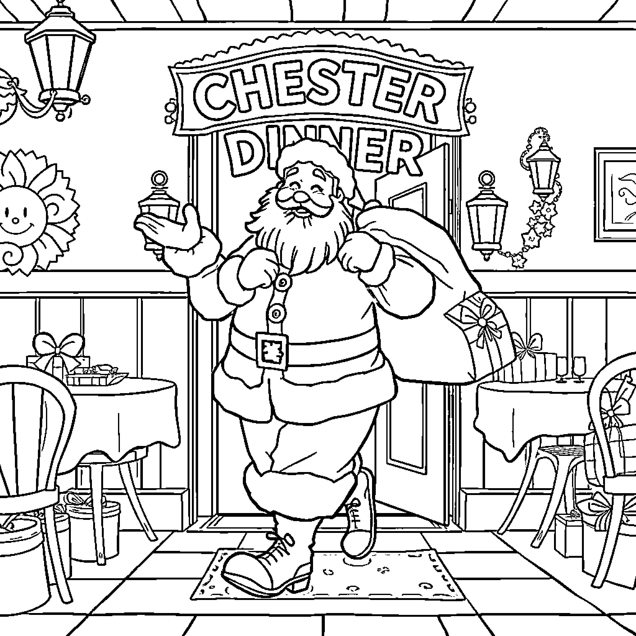 Santa Claus Waving at the Chester Diner Coloring Page (free black-and-white line drawing printable PDF for all, from beginners to advanced learners, including children, teens, adults, and seniors)