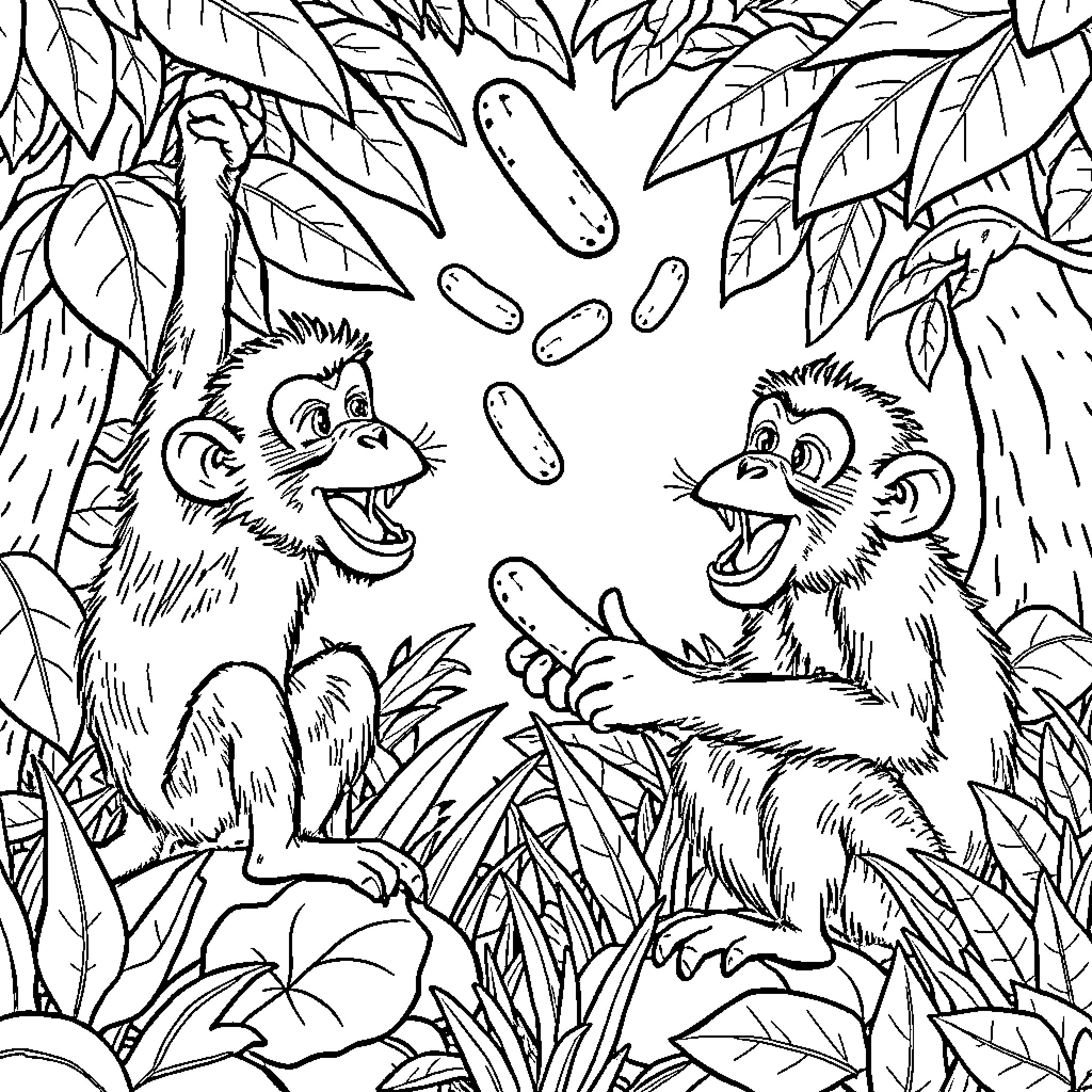 Monkeys playing and chattering in the jungle Coloring Page (free black-and-white line drawing printable PDF for all, from beginners to advanced learners, including children, teens, adults, and seniors)
