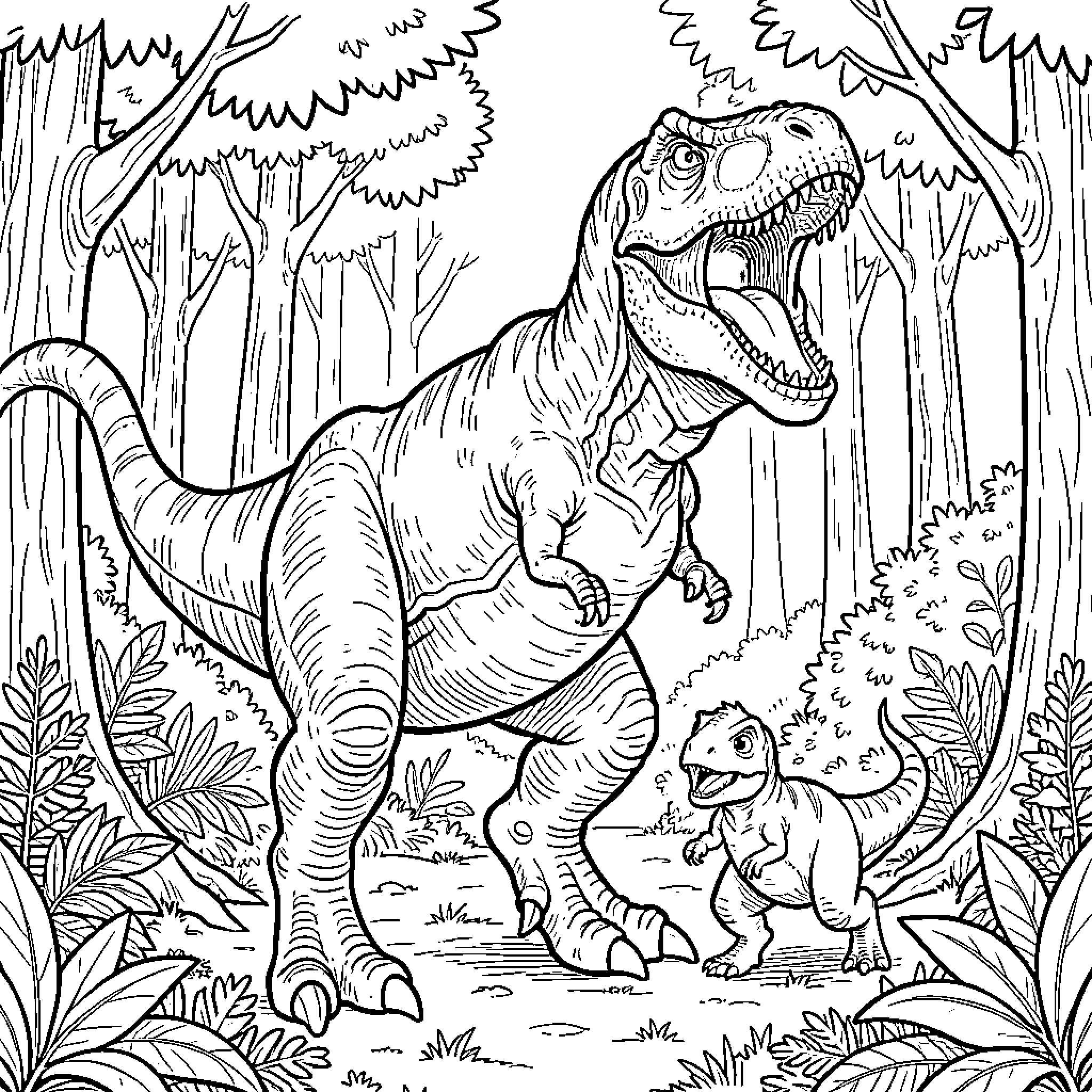 T-Rex Encounter in the Prehistoric Jungle Coloring Page (free black-and-white line drawing printable PDF for all, from beginners to advanced learners, including children, teens, adults, and seniors)