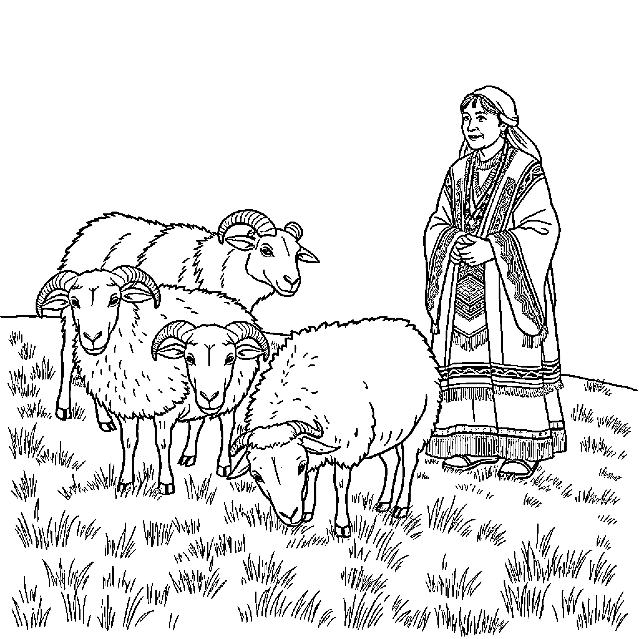 Sheep herder tending to flock in pastoral scene Coloring Page (free black-and-white line drawing printable PDF for all, from beginners to advanced learners, including children, teens, adults, and seniors)