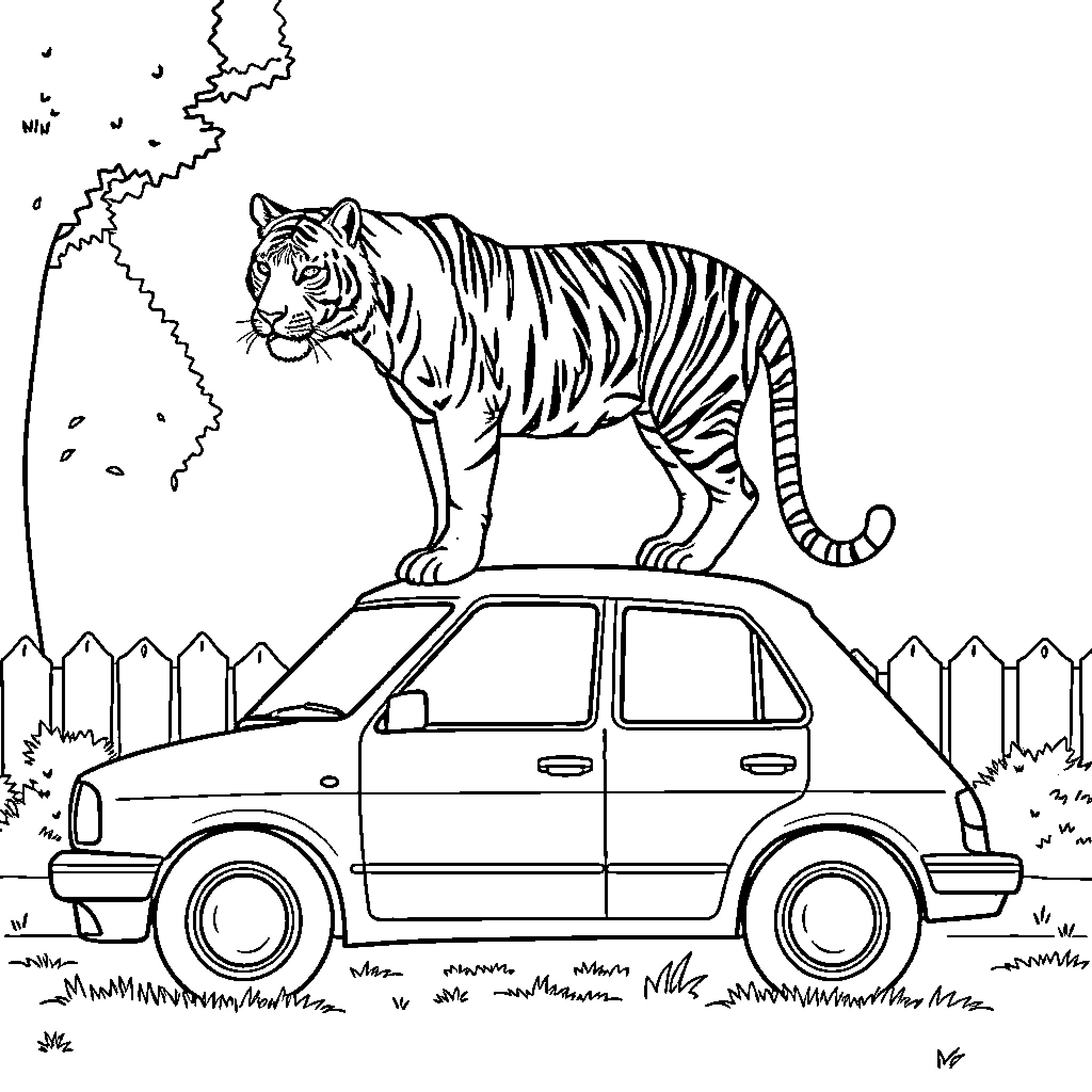 Tiger prowling atop a vehicle in the wilderness Coloring Page (free black-and-white line drawing printable PDF for all, from beginners to advanced learners, including children, teens, adults, and seniors)