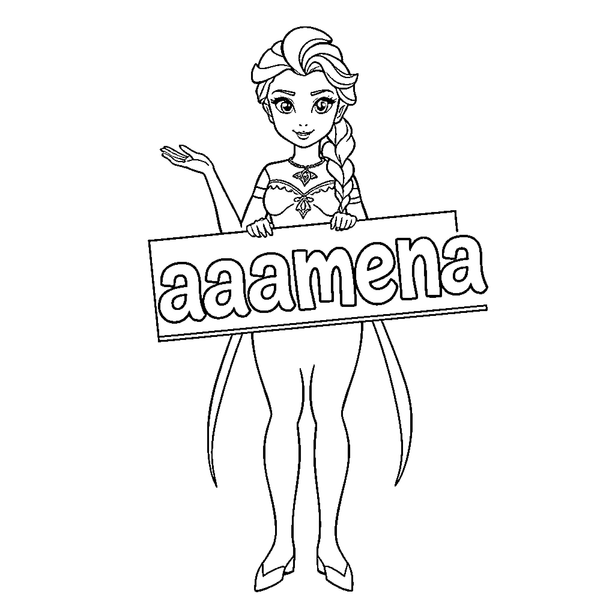Elsa holding up 'Aaamen' sign Coloring Page (free black-and-white line drawing printable PDF for all, from beginners to advanced learners, including children, teens, adults, and seniors)