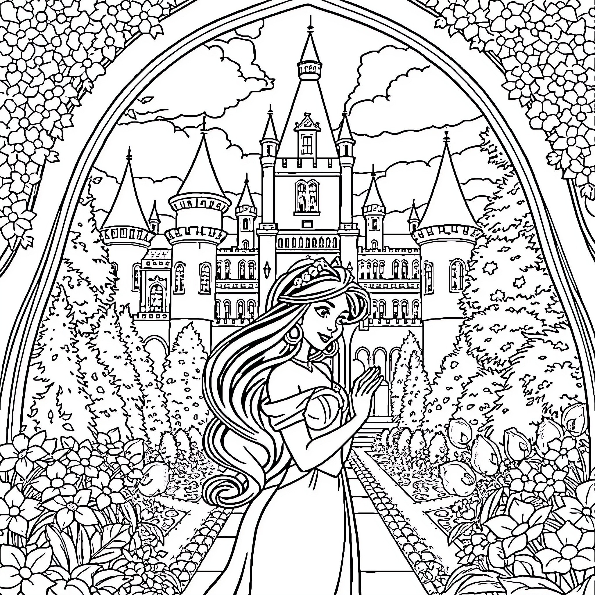 Jasmine's Enchanting Castle Adventure Coloring Page (free black-and-white line drawing printable PDF for all, from beginners to advanced learners, including children, teens, adults, and seniors)
