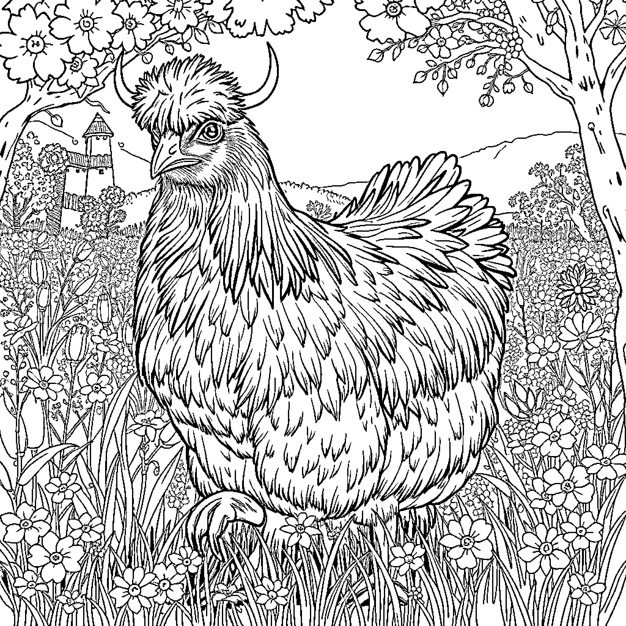 Highland Cow in Floral Meadow Coloring Page (free black-and-white line drawing printable PDF for all, from beginners to advanced learners, including children, teens, adults, and seniors)